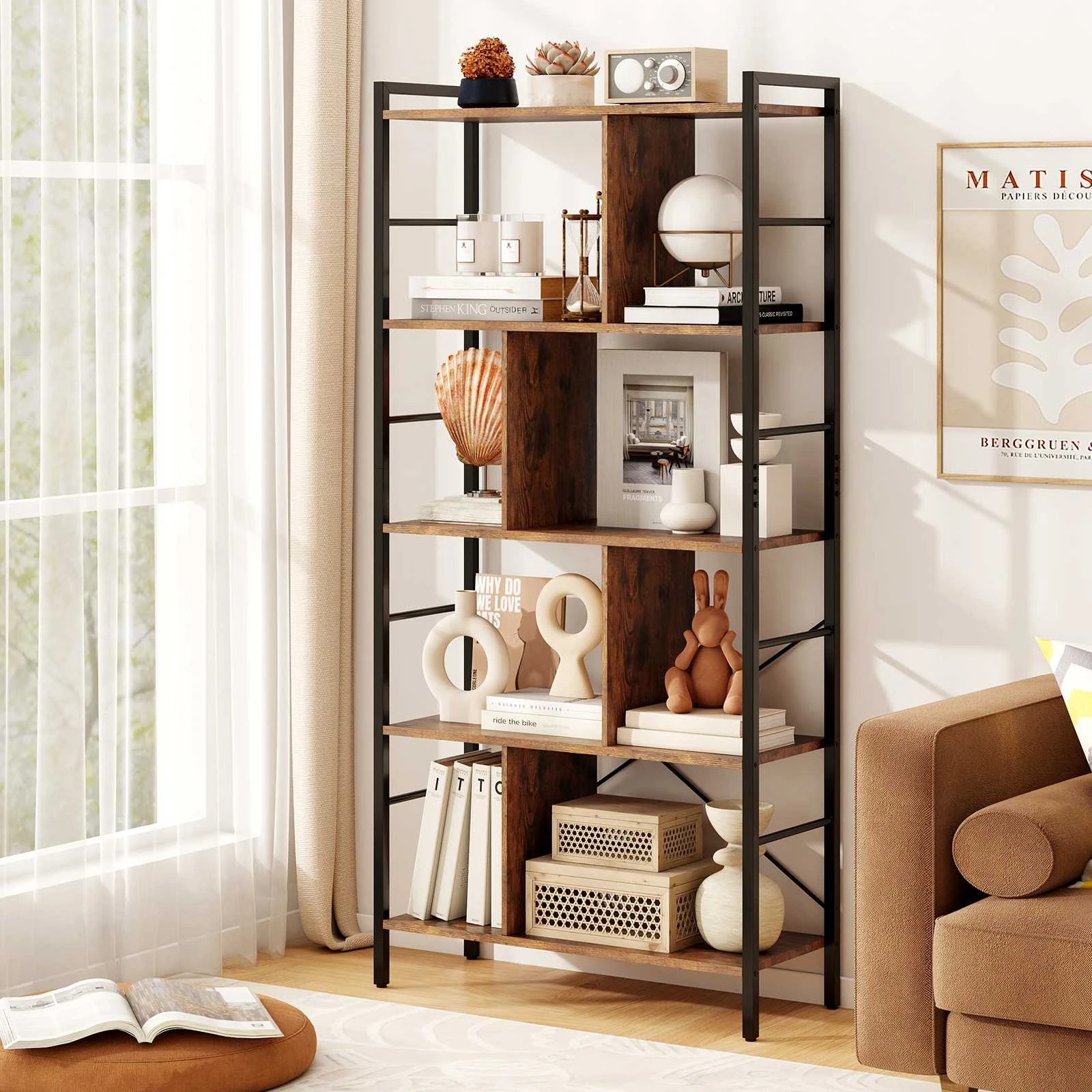 3 Costway 5-Tier Industiral Bookcase Bookshelf Wood Display Storage Home Office - Brown, 3 of 4