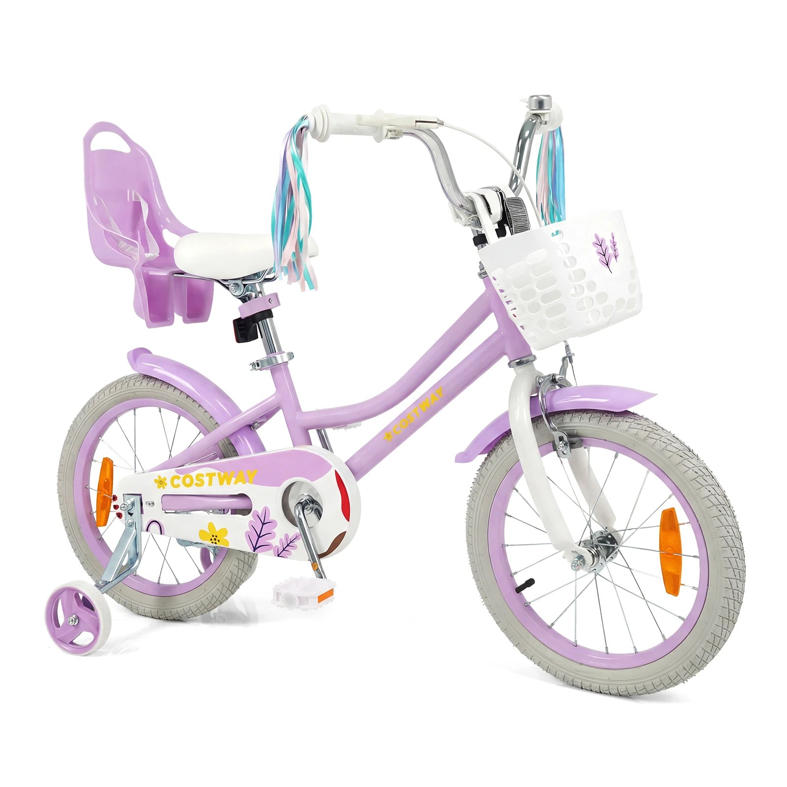 1 Costway 40cm Kids Bike Bicycle Ride-on w/Training Wheels & Doll Seat & Front Basket Beginner - Purple, 1 of 4
