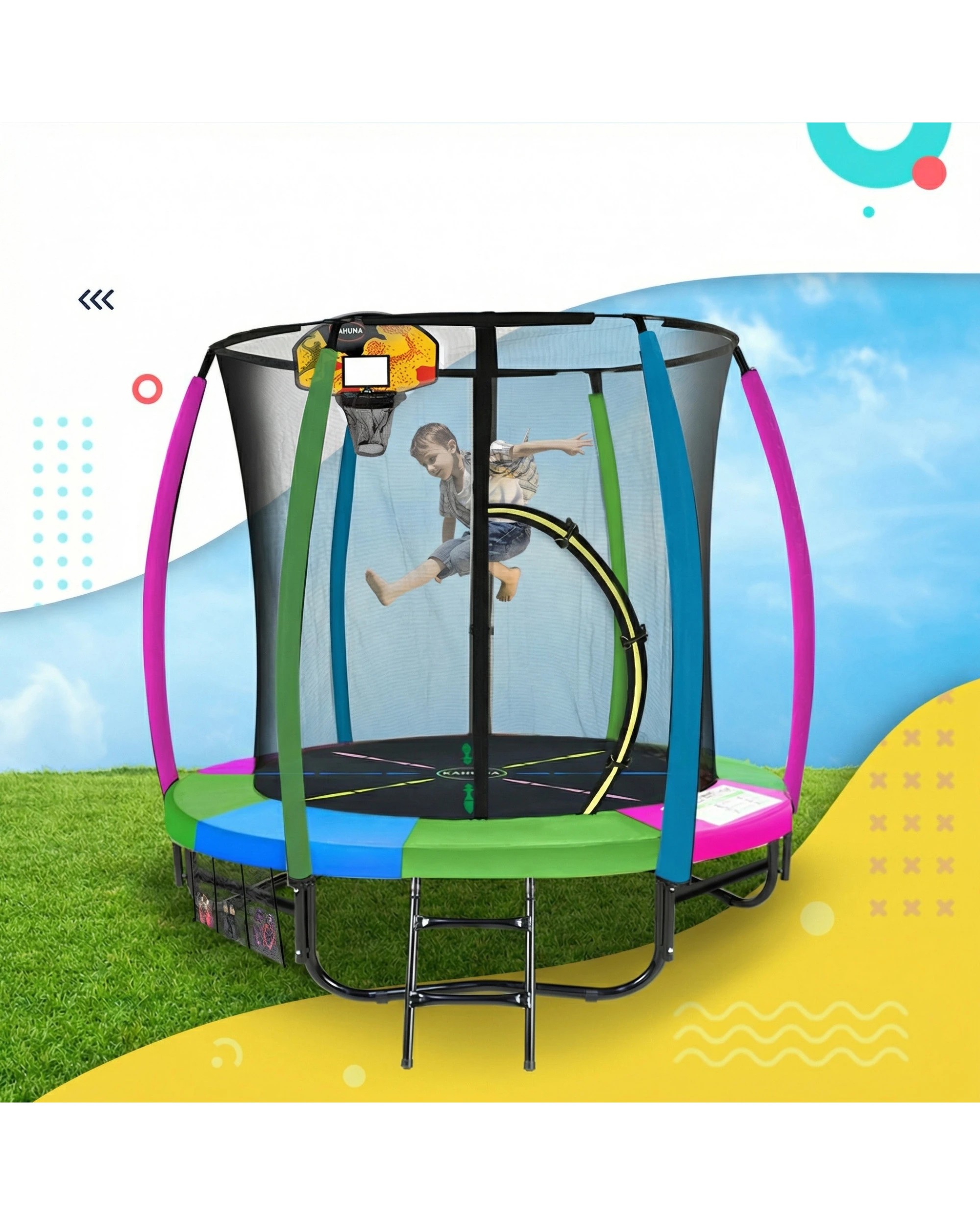5 Kahuna Trampoline 6 ft with Basketball Set - Rainbow - Pattern, 5 of 9