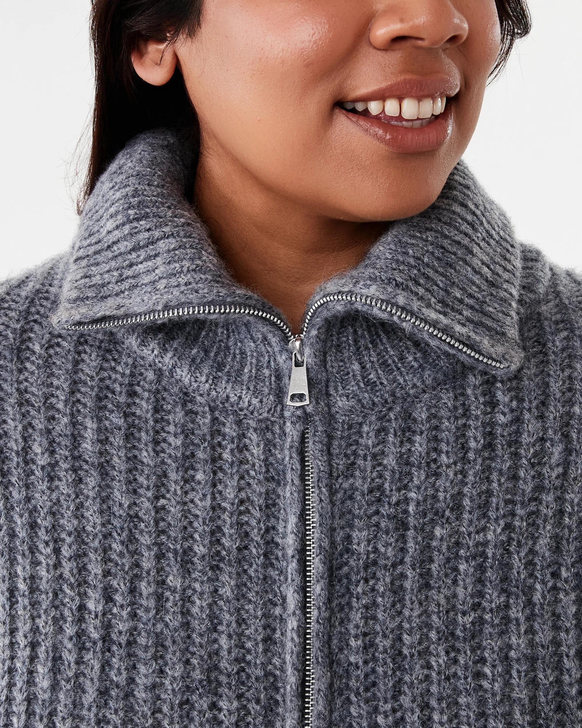 6 Curve Long Sleeve Chunky Knit Zip Through Sweatshirt Gry Chmrle, 6 of 7