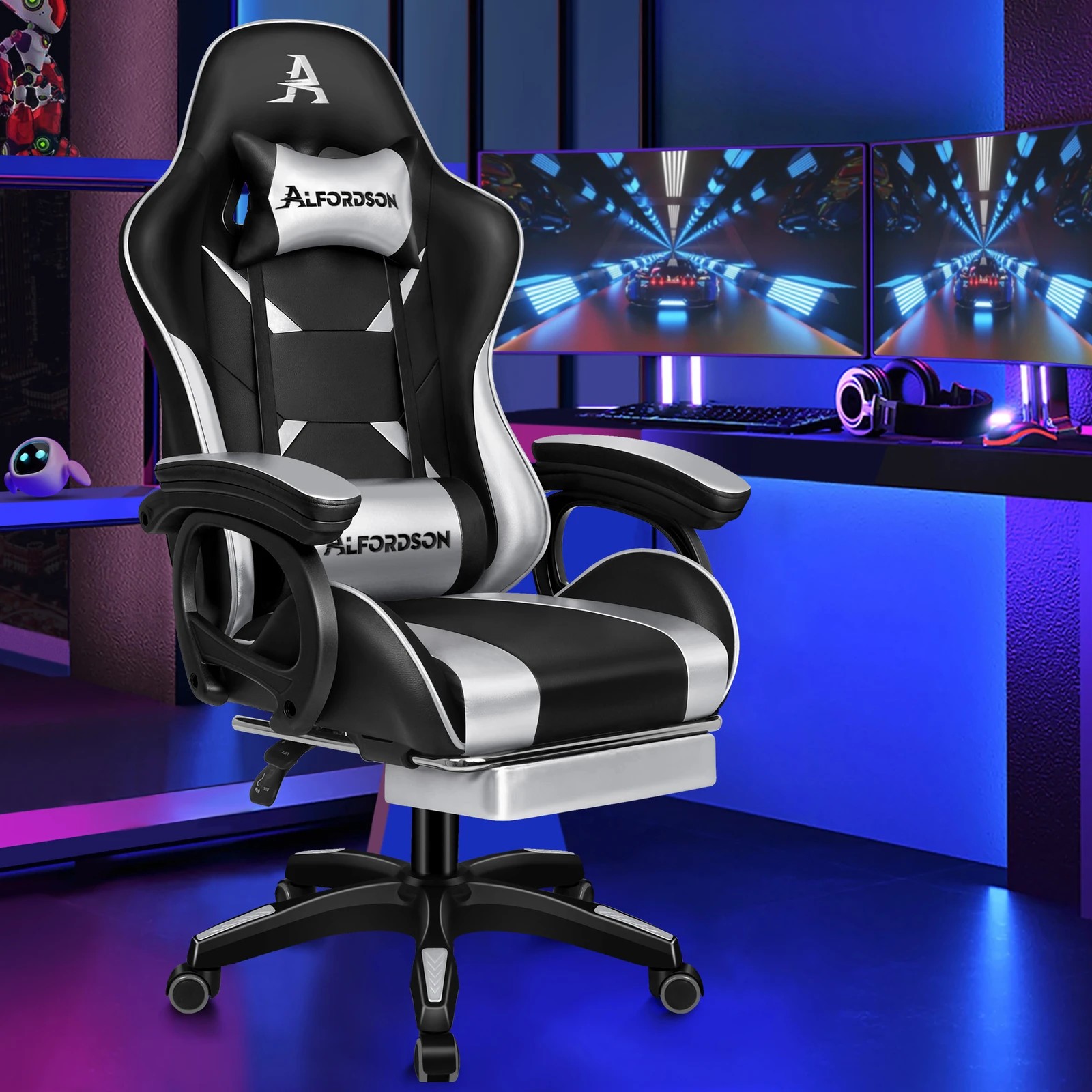 4 Alfordson Gaming Office Chair Racing Massage Computer Seat Footrest Leather - Black, 4 of 10