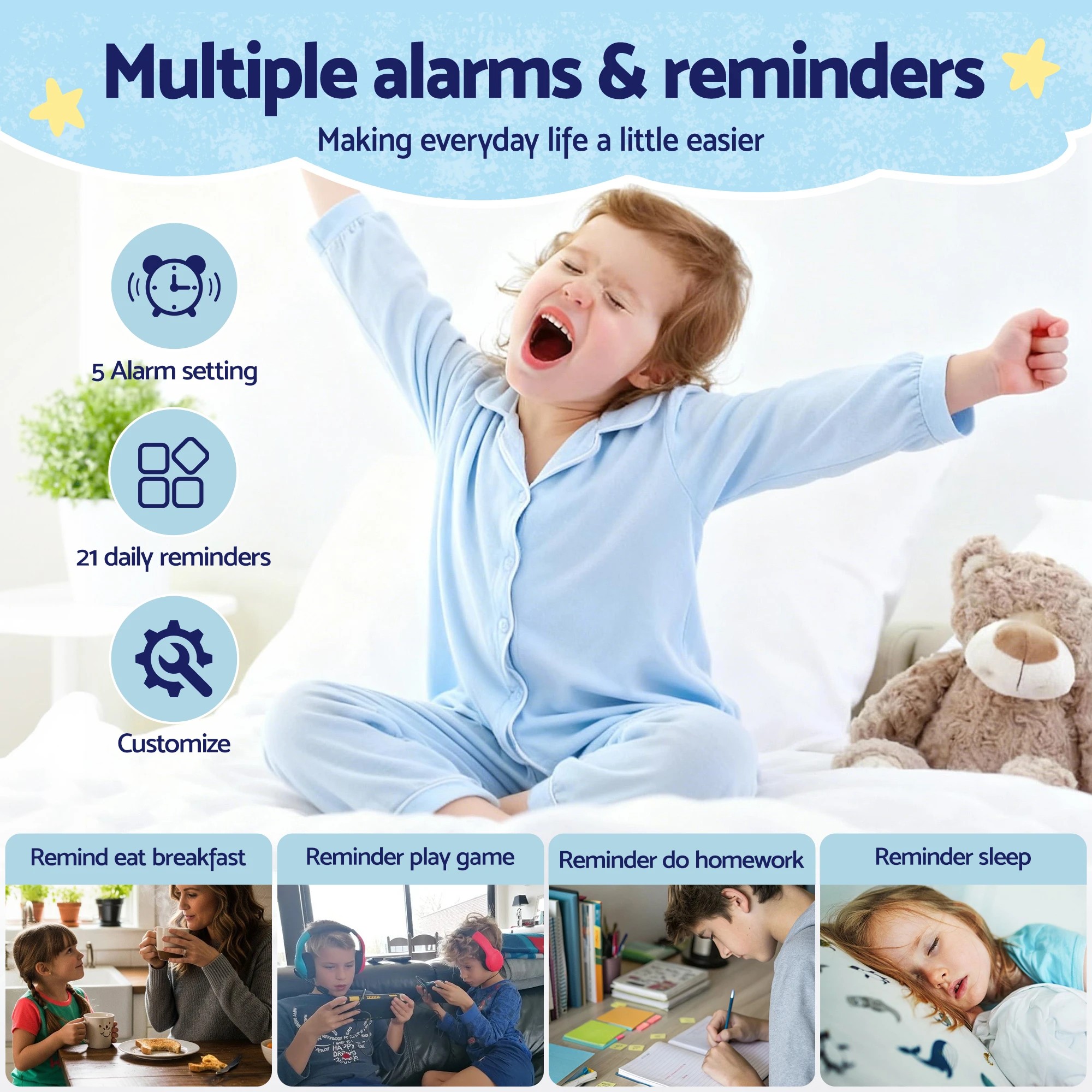 5 Artiss 7" Digital Day Clock Calendar Alarm LCD Children Sleep Trainer Clocks - Blue, 5 of 9