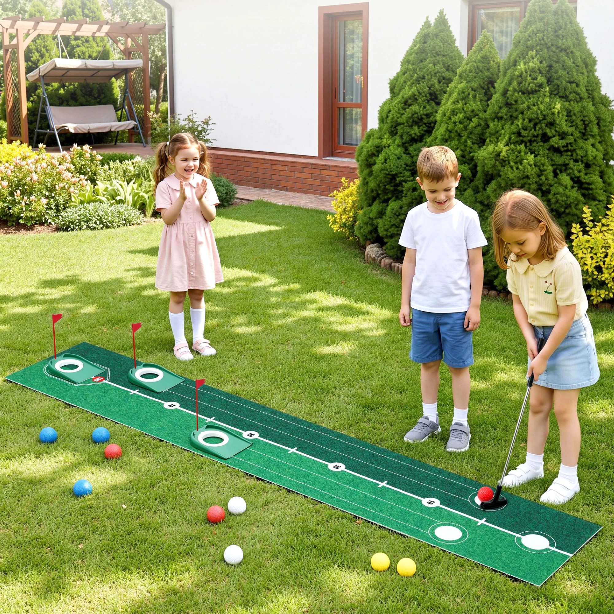 4 Keezi Kids Golf Putting Game Set with Golf Club, Putting Mat, 12 Balls, 3 Target Holes, Indoor Outdoor - Green, 4 of 7