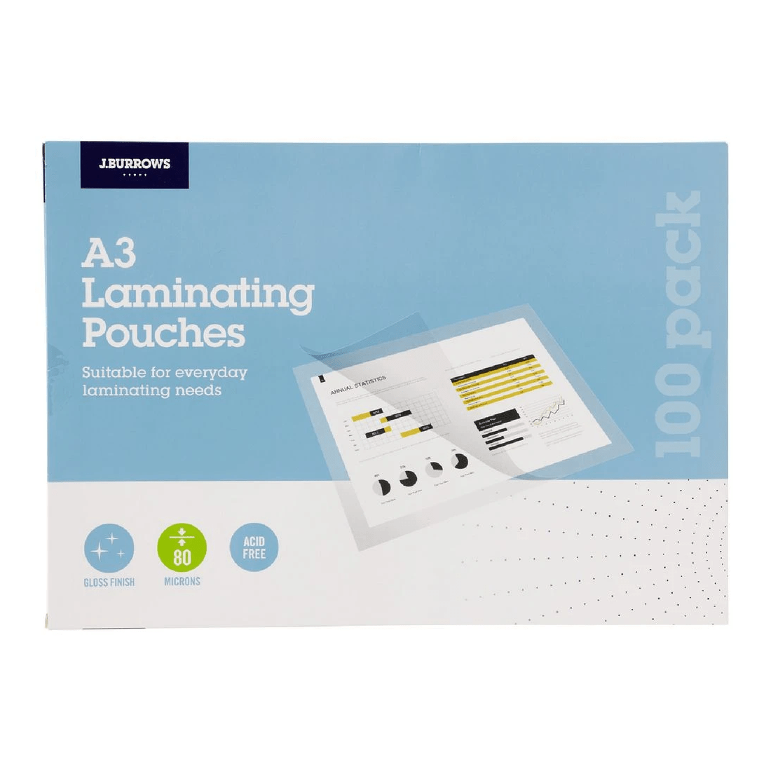 1 J.Burrows A3 Laminating Pouches 80 Micron 100 Pack Gloss, 1 of 3