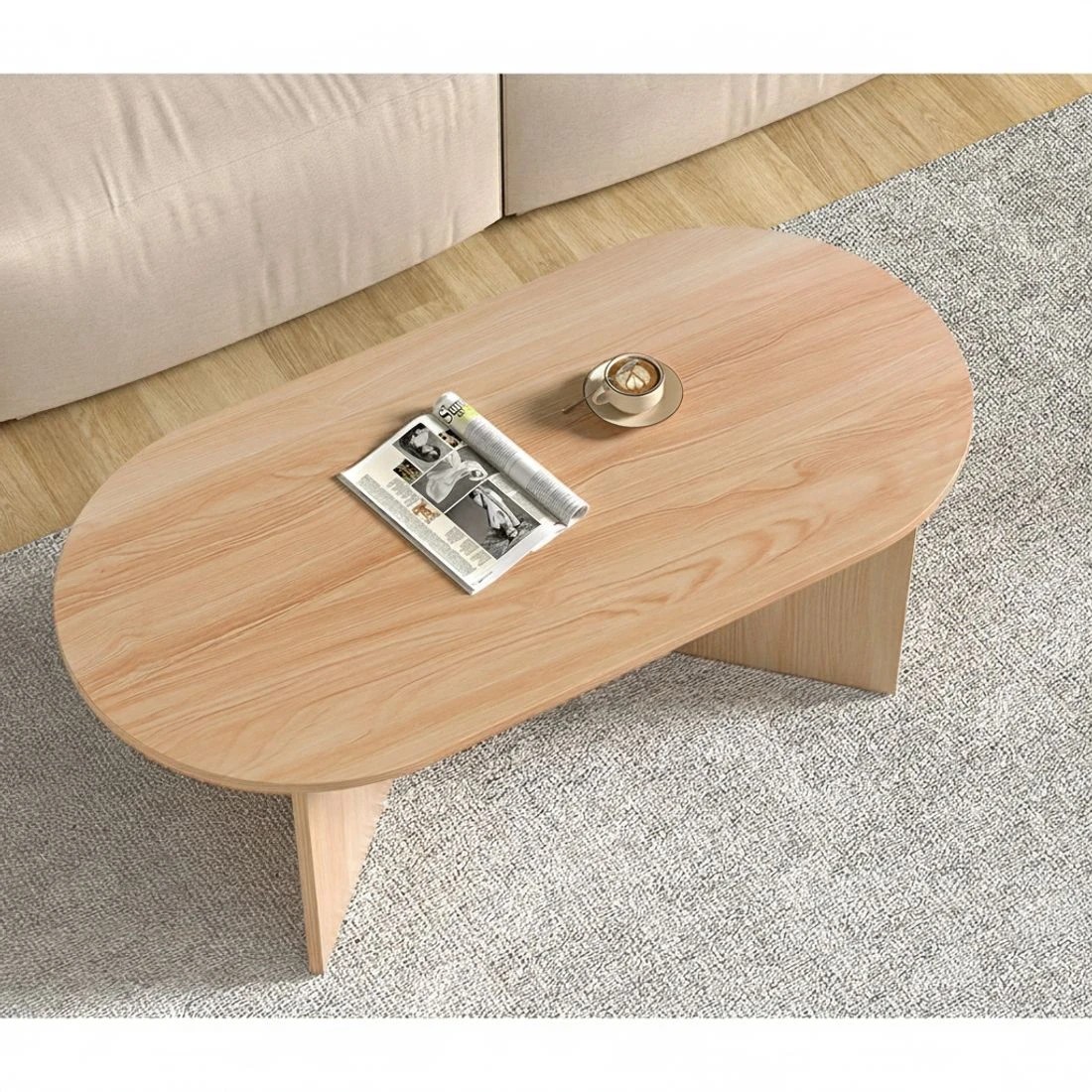 3 Artiss Coffee Table Oval 110CM Pine Alva - Natural, 3 of 6