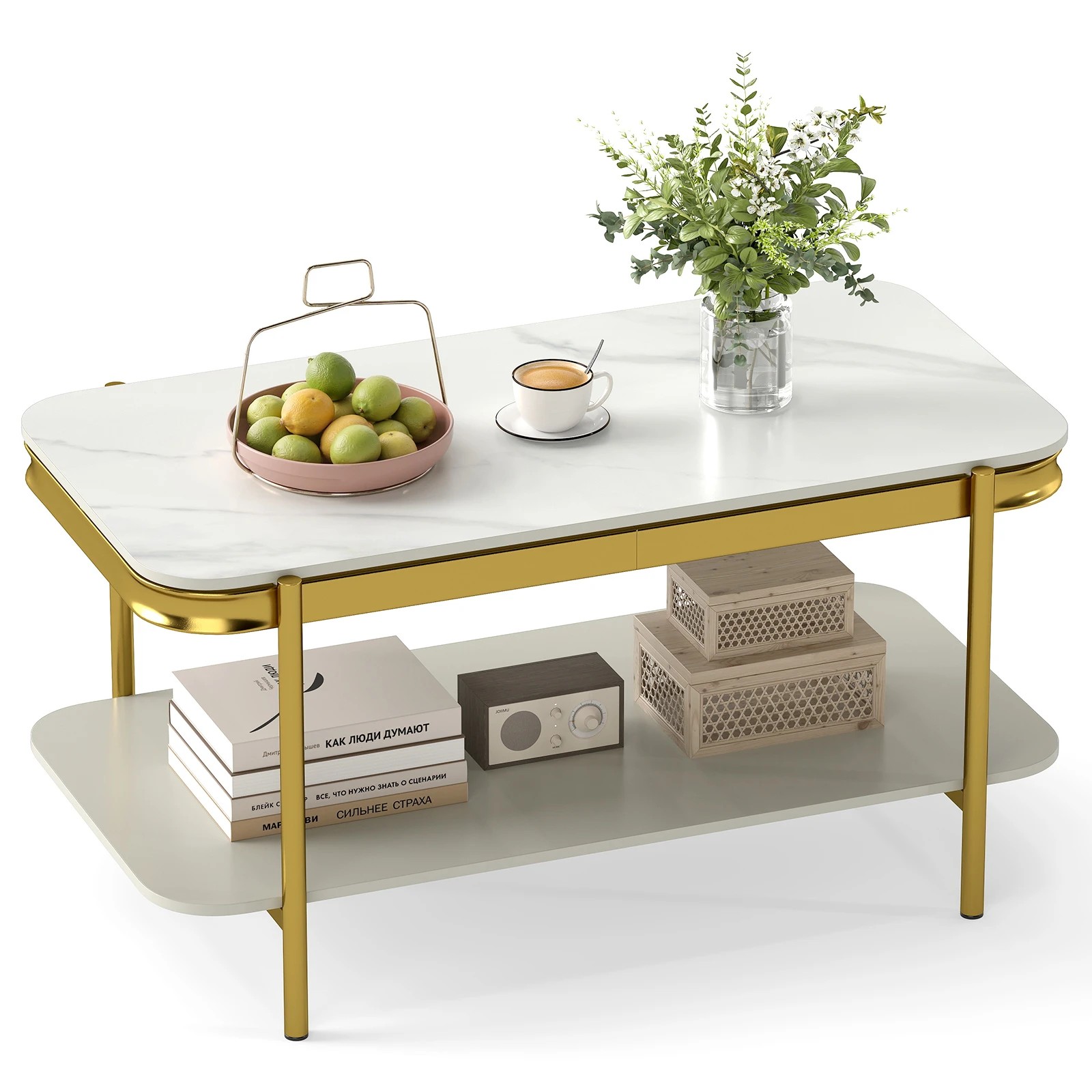 6 Costway 2-Tier Coffee Table Rectangular Center Table Luxurious Accent Cocktail Table, 6 of 6