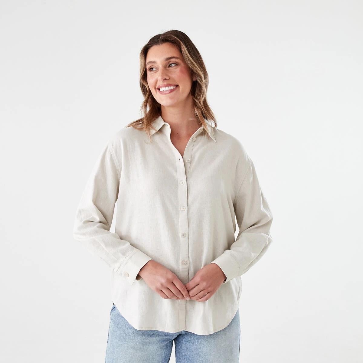 1 Long Sleeve Linen Blend Shirt NATURAL BEIGE, 1 of 6