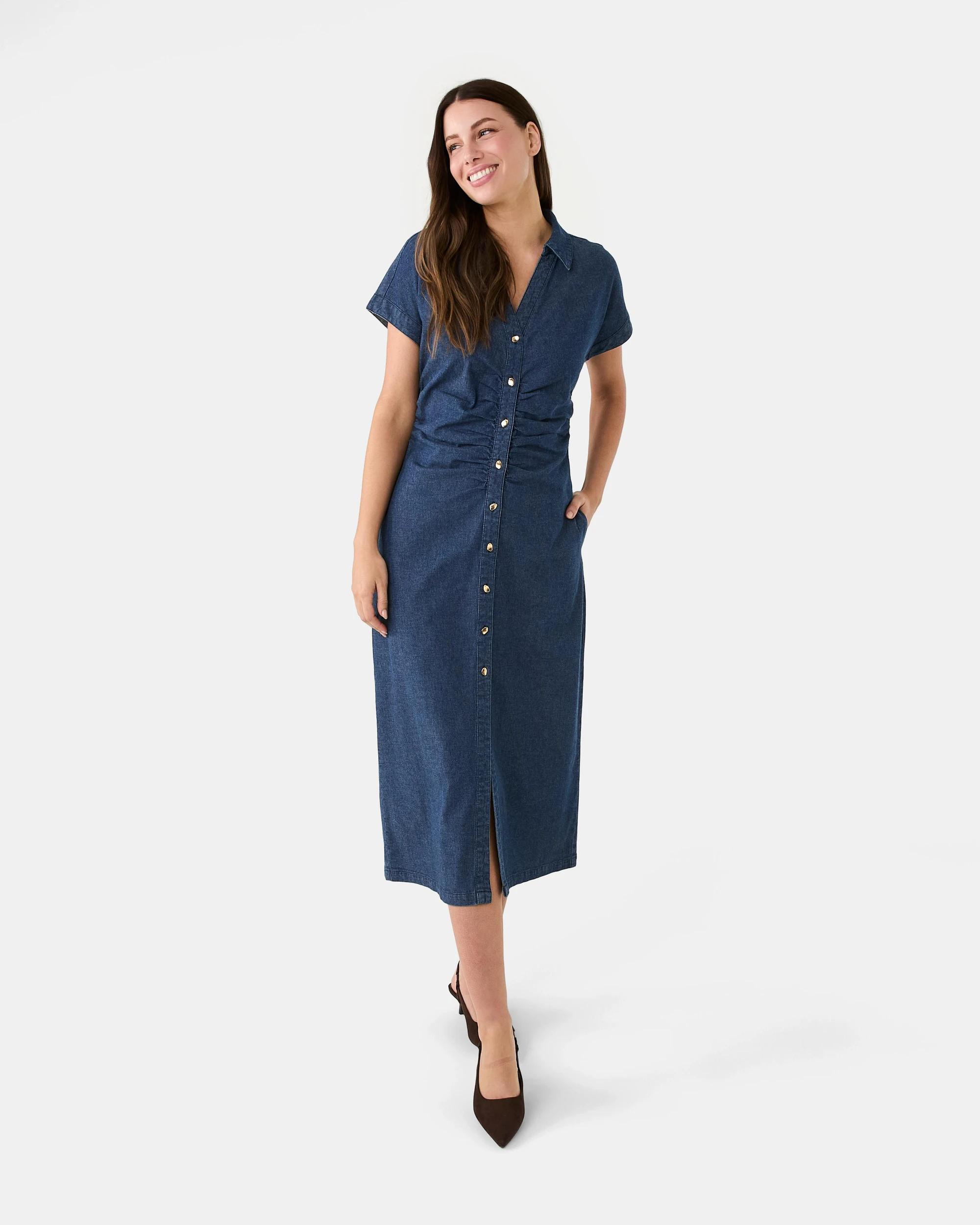 1 Short Sleeve Denim Gathered Midi Dress Dark Denim, 1 of 7
