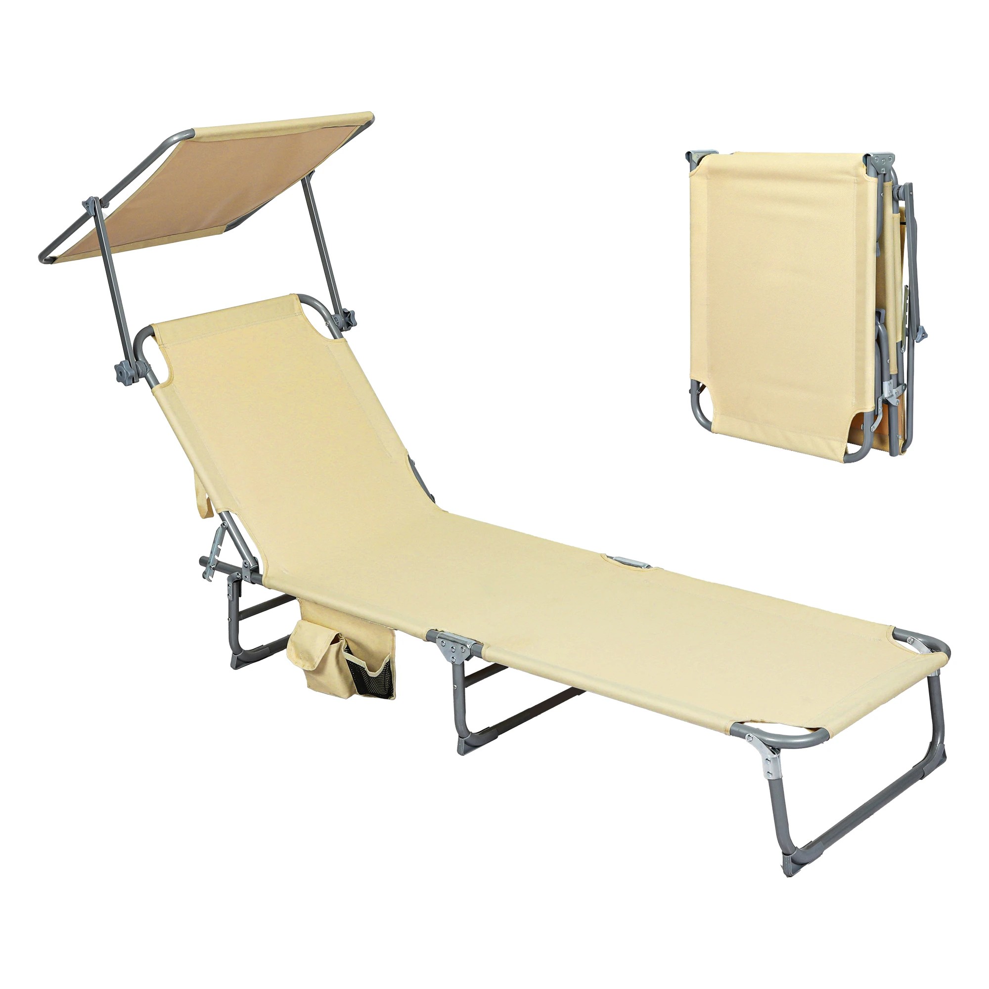1 Levede Reclining Lounge Folding Sun Beach Chair with Canopy - Beige, 1 of 9