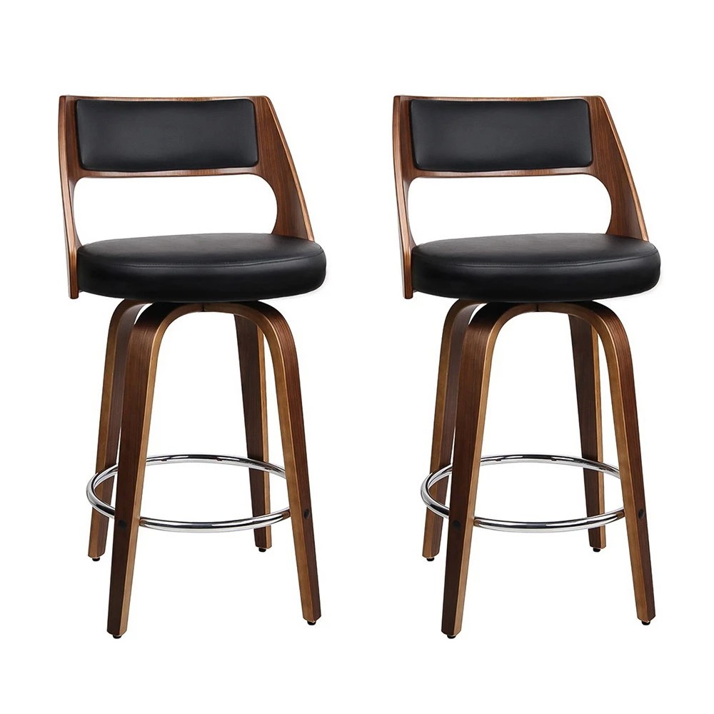 1 Artiss 2x Bar Stools Swivel Leather Chair 76cm - Black, 1 of 6