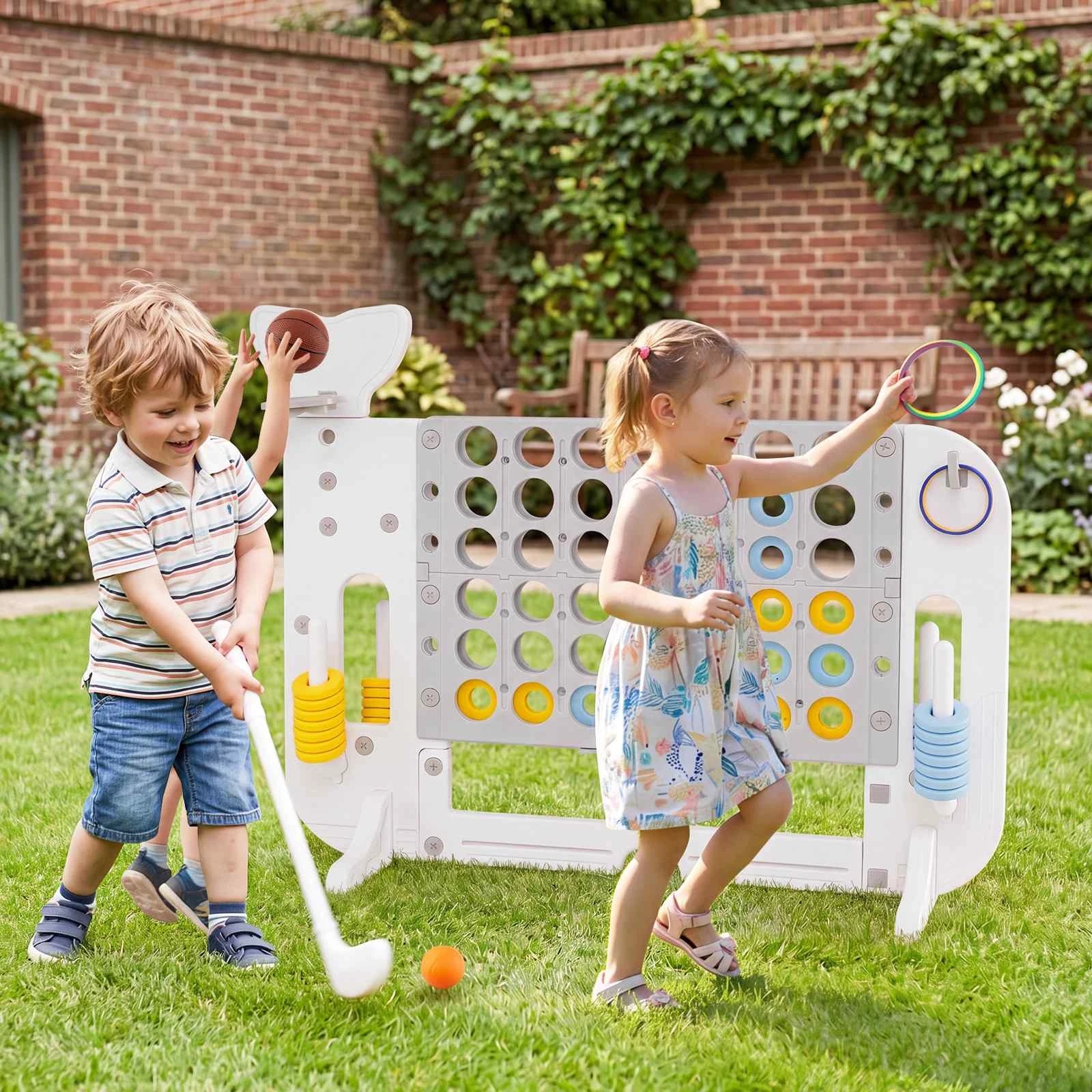 2 Costway Giant Connect 4 In A Row Jumbo 4-to-Score Game Set Ring Toss w/Basketball Hoop - Grey, 2 of 3