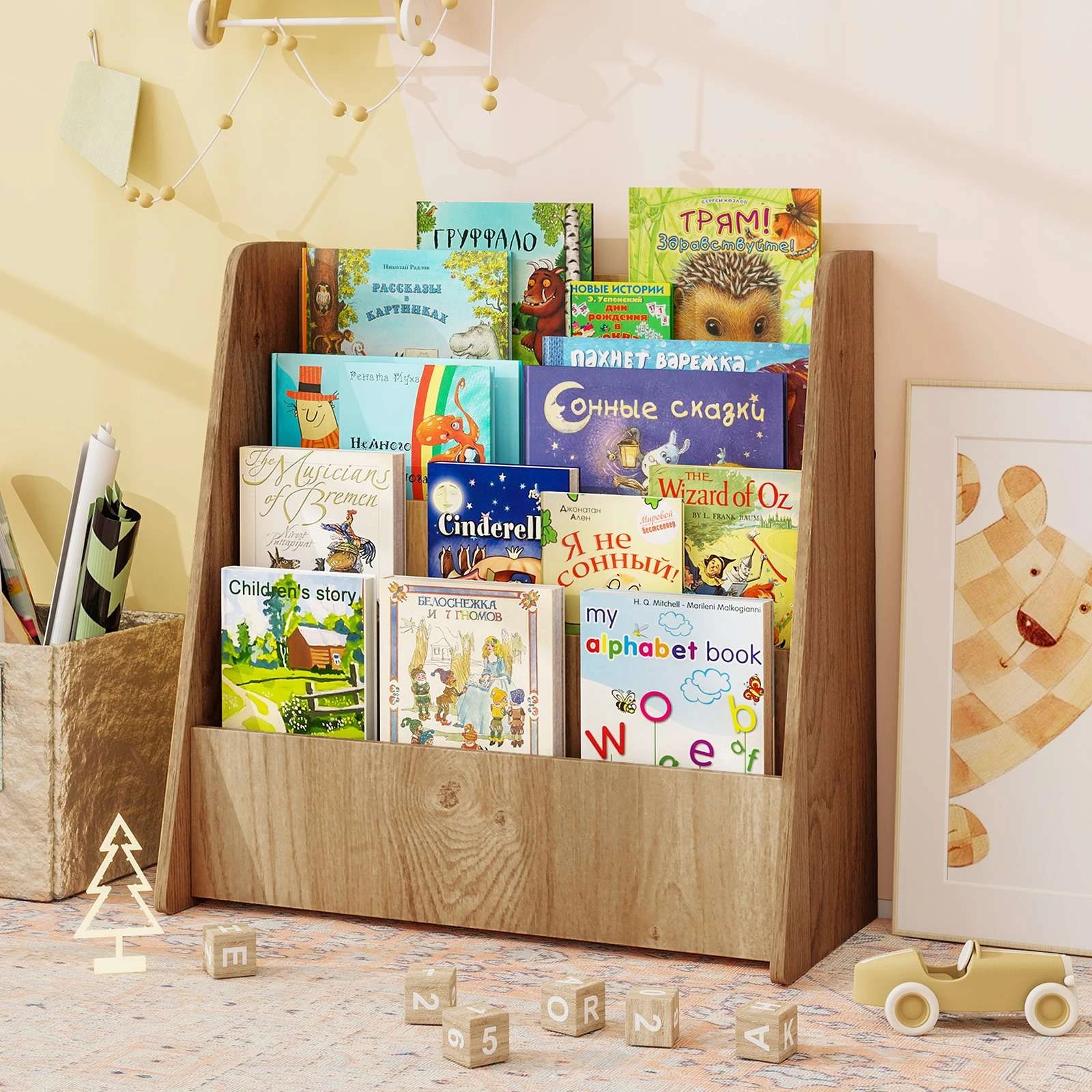 2 Costway 4-Tier Magazine Rack Display Bookcase Bookshelf - Natural, 2 of 4