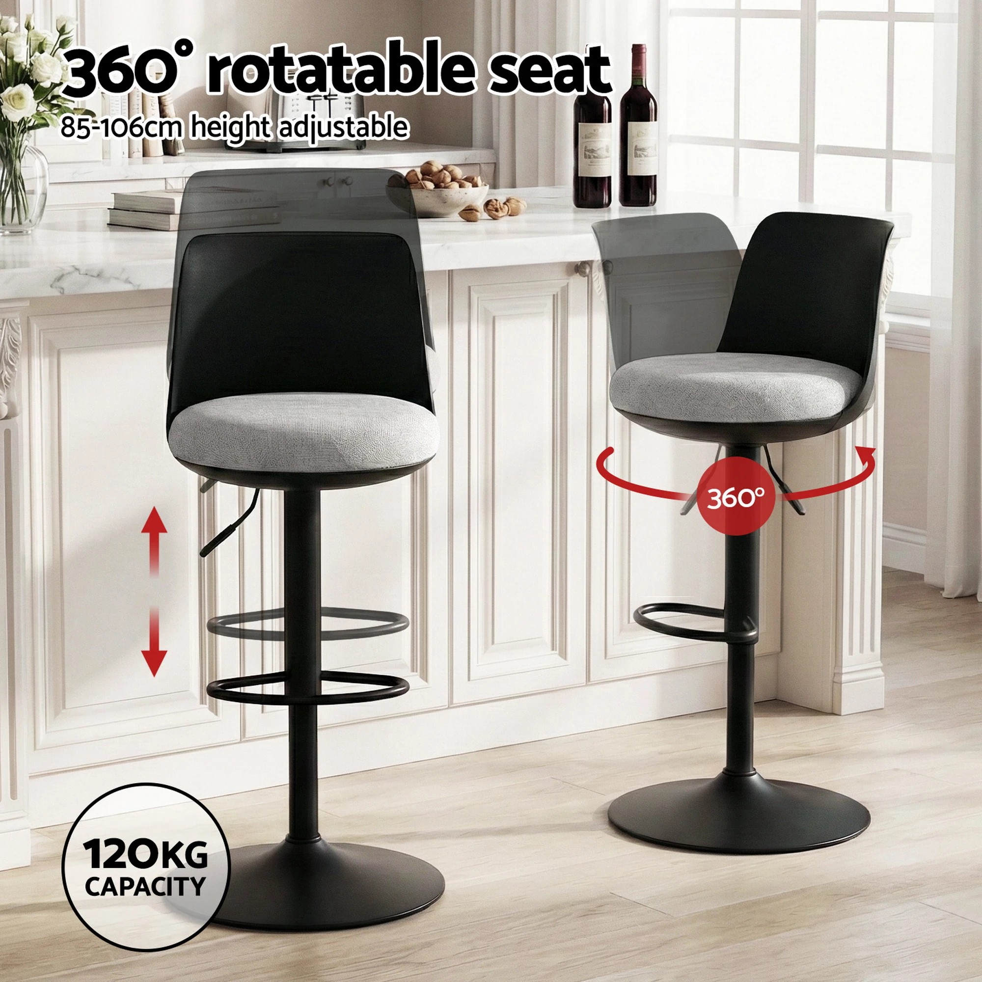 2 Artiss 4x Bar Stools Kitchen Swivel Gas Lift Counter Dining Chair Curved - Black, 2 of 6