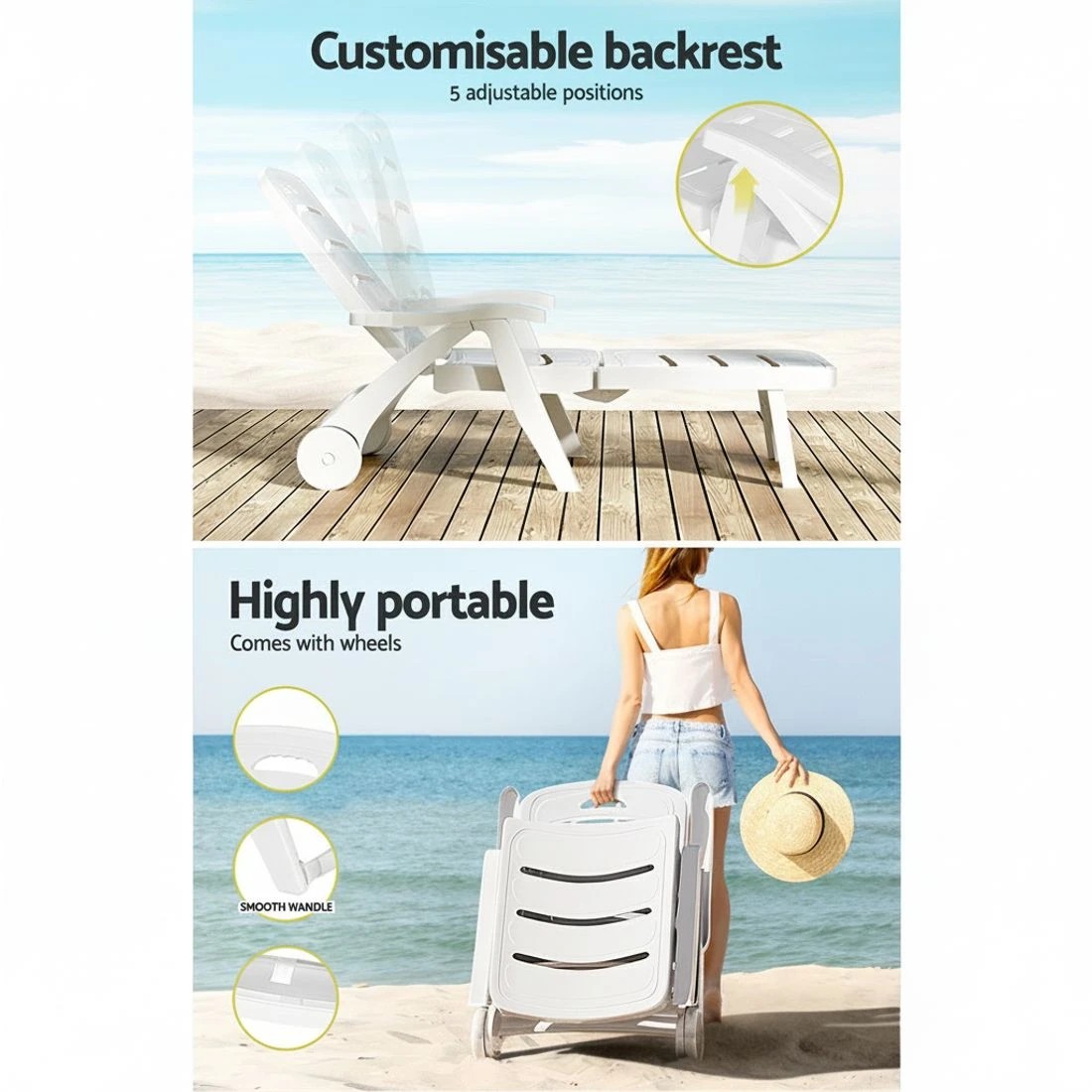 5 Gardeon Sun Lounger Folding Chaise Lounge Chair Wheels Patio Outdoor - White, 5 of 5