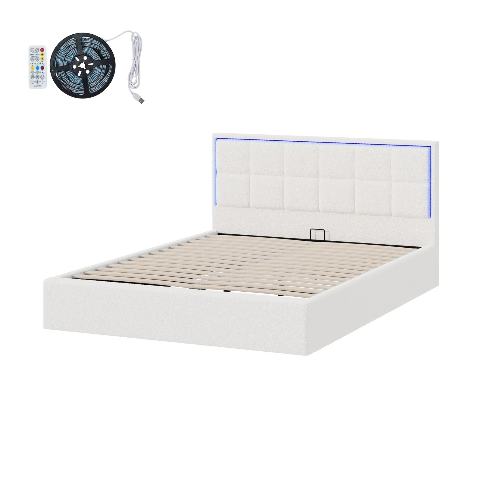 7 Oikiture Bed Frame Queen Size RGB LED Gas Lift Storage Base Boucle - White, 7 of 9