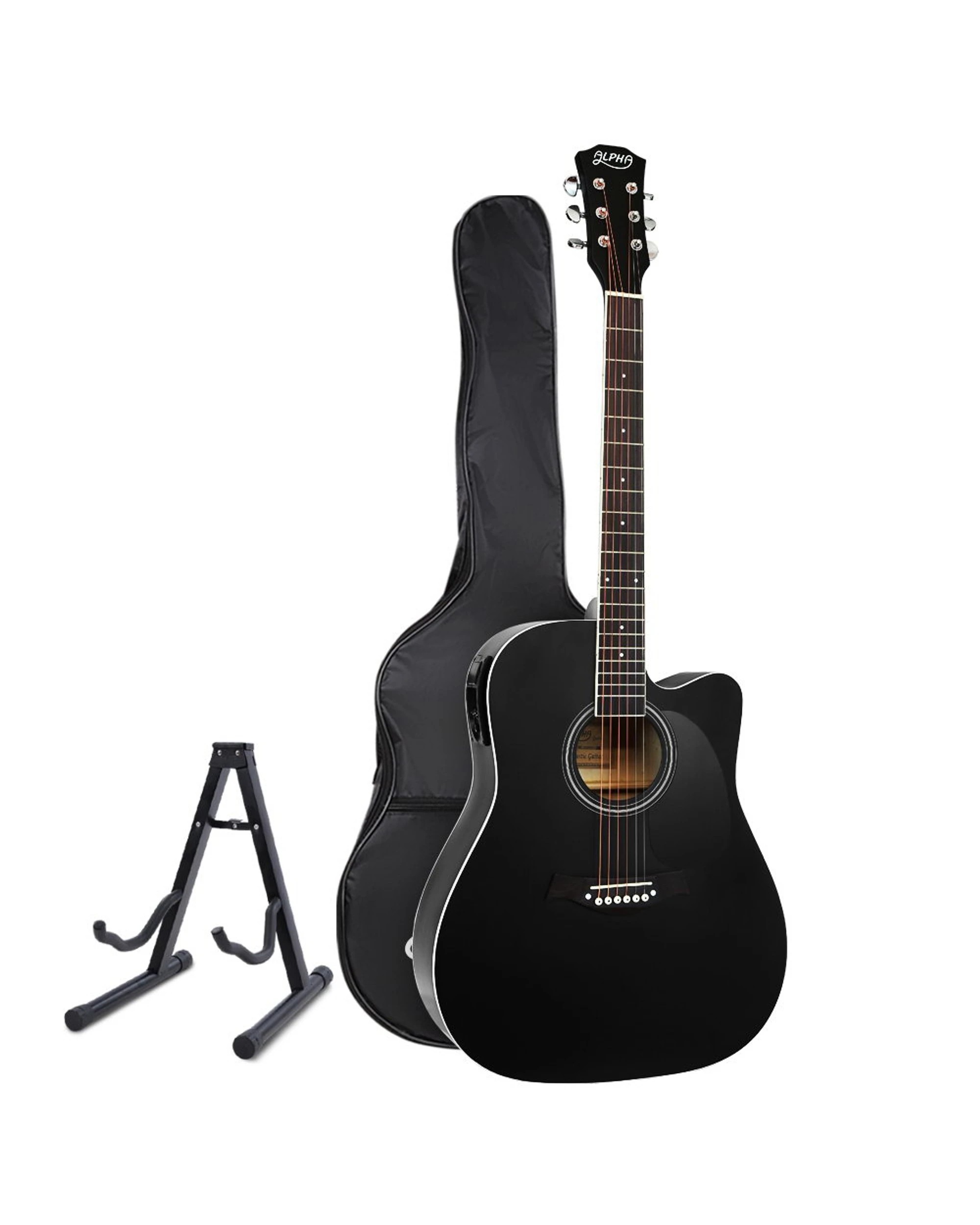 1 Alpha 41 Inch Acoustic Guitar Equaliser Electric Output Cutaway w/ Stand - Black, 1 of 7