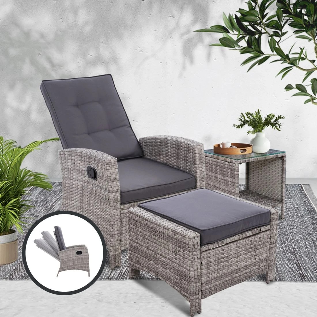 6 Gardeon 3PC Recliner Chairs Table Sun lounge Wicker Outdoor Furniture Adjustable - Grey, 6 of 6