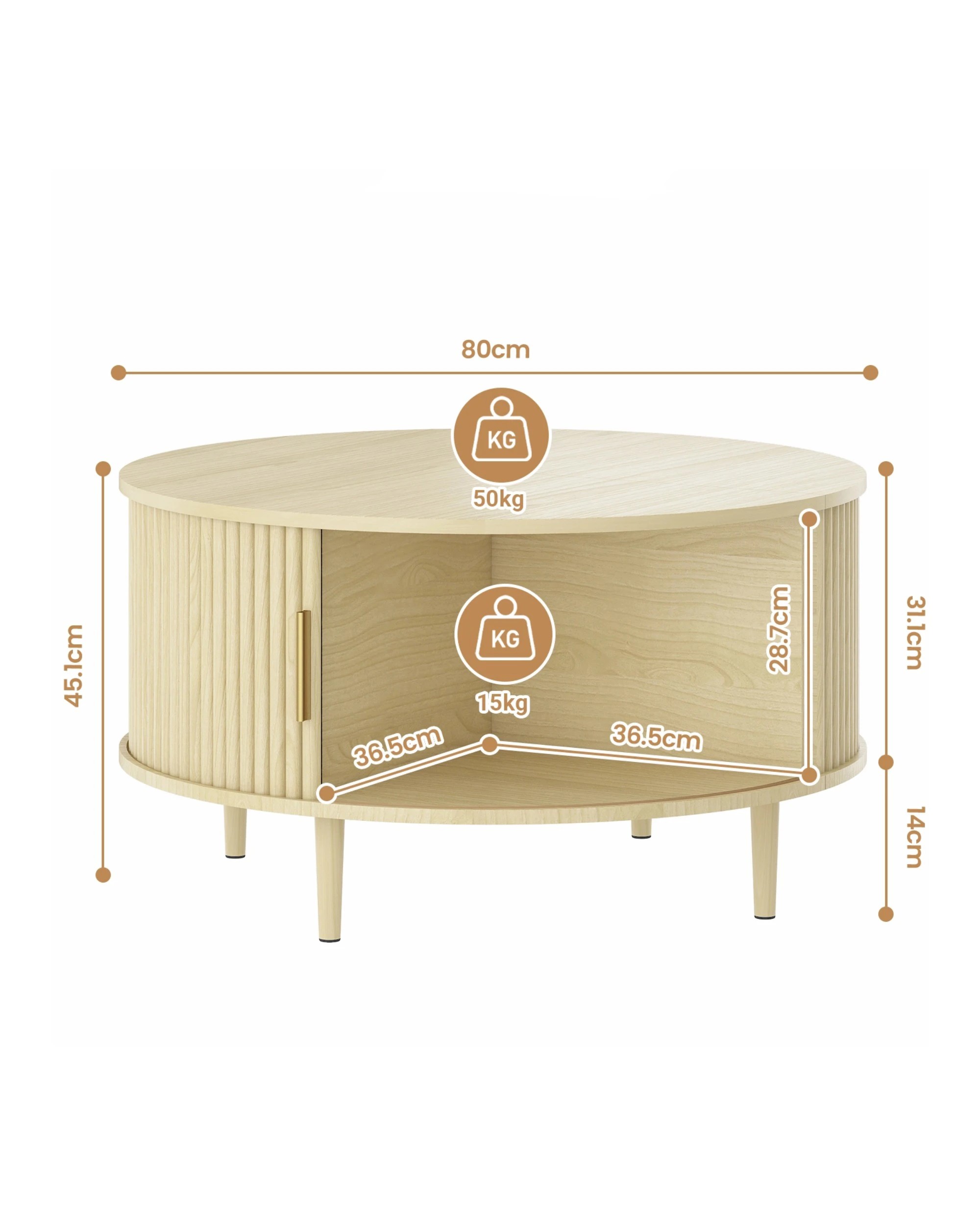 8 Advwin 80cm Round Coffee Table Fluted Center Table w/ Sliding Door Cabinet Side Table w/ Hidden Storage & Shelf, 8 of 8