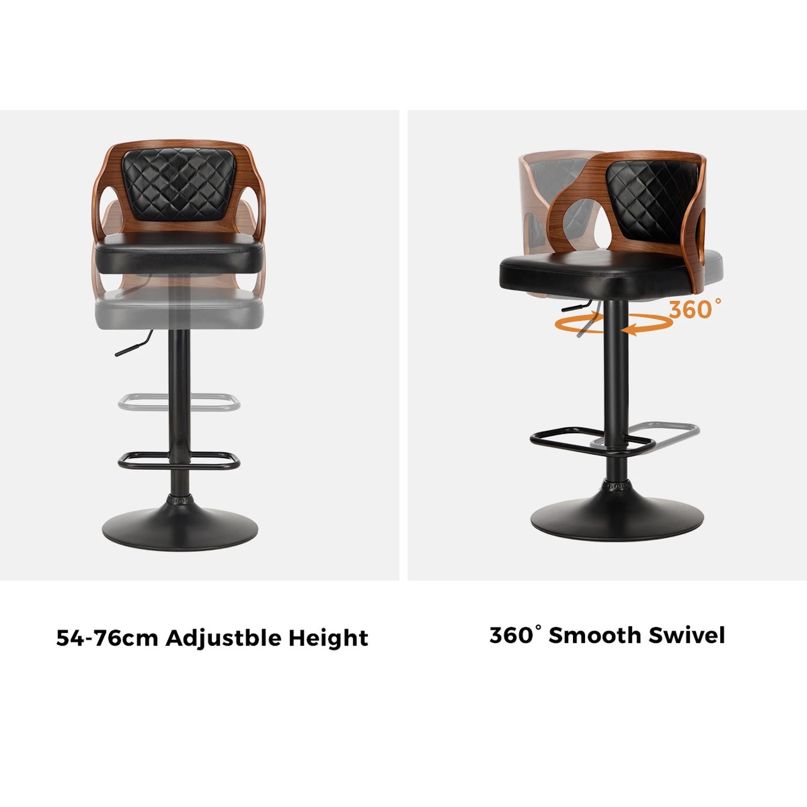 4 Oikiture 2x Bar Stools Gas Lift - Black, 4 of 9