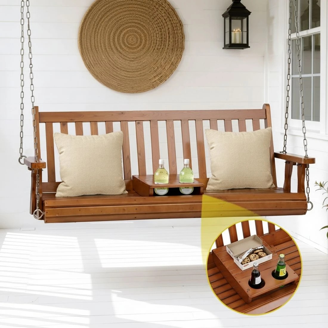 5 Gardeon Porch Outdoor Swing Chair Patio Furniture Wooden Bench 2 Seat Cup Holder - Brown, 5 of 6