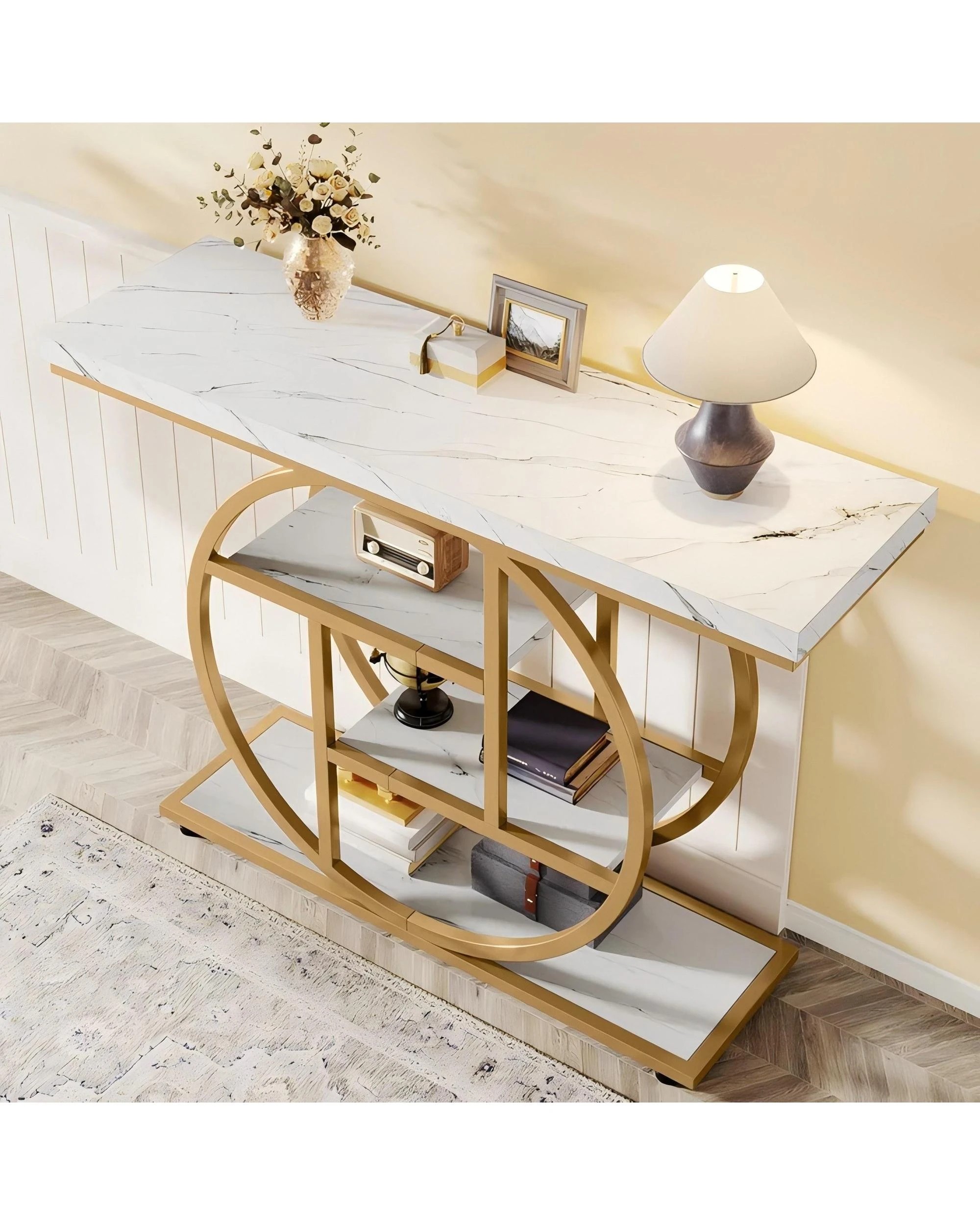3 OAKORY 105cm Industrial Console Table with Gold Circular Metal Base 4-Tier Shelves in White, 3 of 7