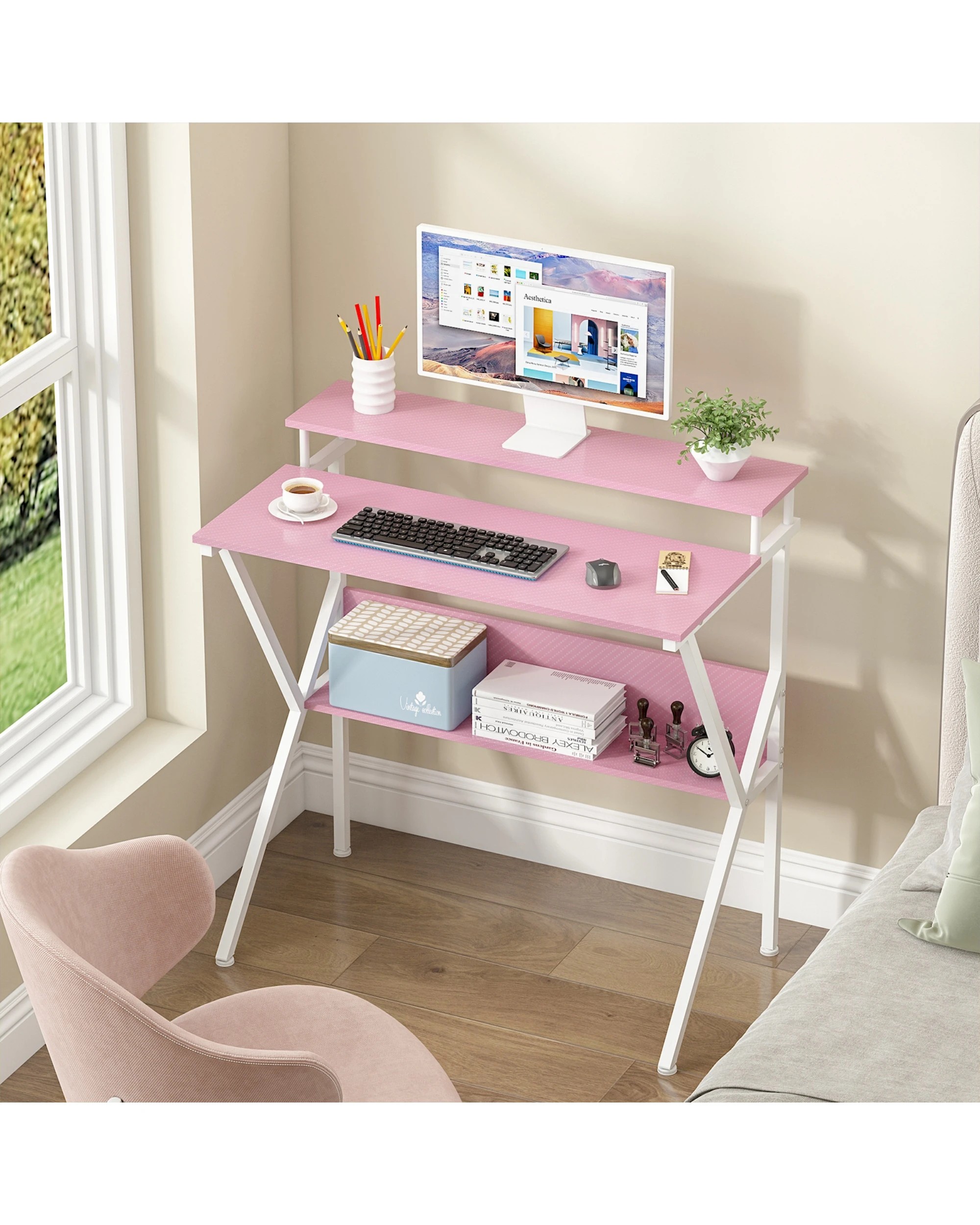 4 Advwin 80cm Small Computer Desk with Monitor Stand Writing Table with Shelf, 4 of 10