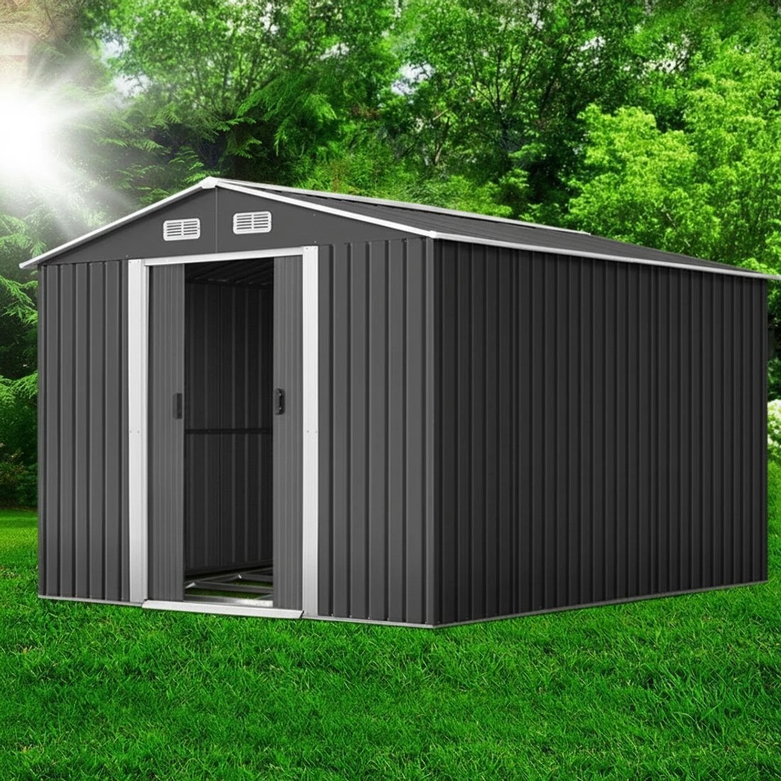 8 Giantz Garden Shed Metal Base Sheds Outdoor Storage Workshop Tool Shelter Sliding Door - Grey, 8 of 8
