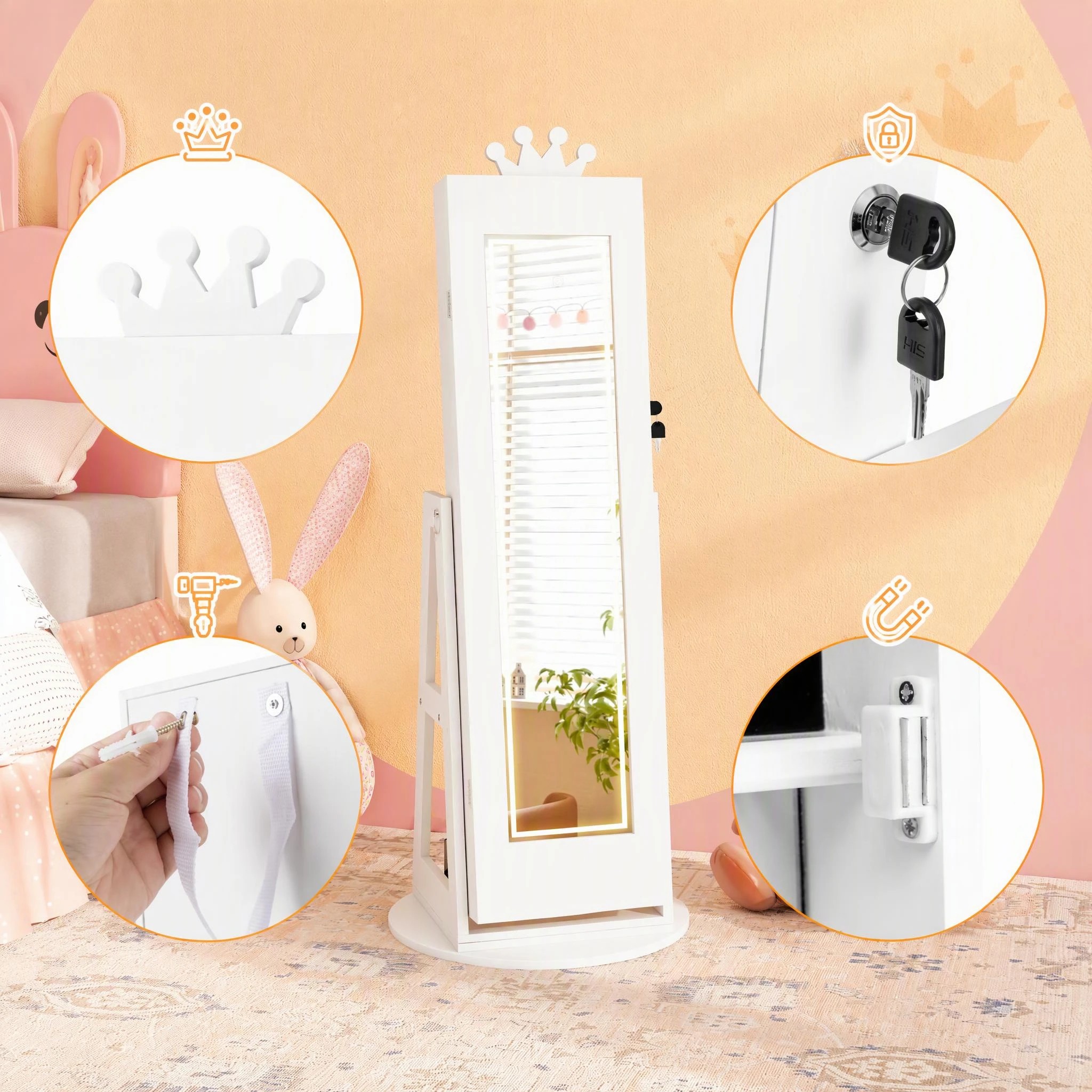 7 Costway Swivel Mirror Jewellery Cabinet Jewelry Organizer Standing Box Princess Armoire - White, 7 of 9