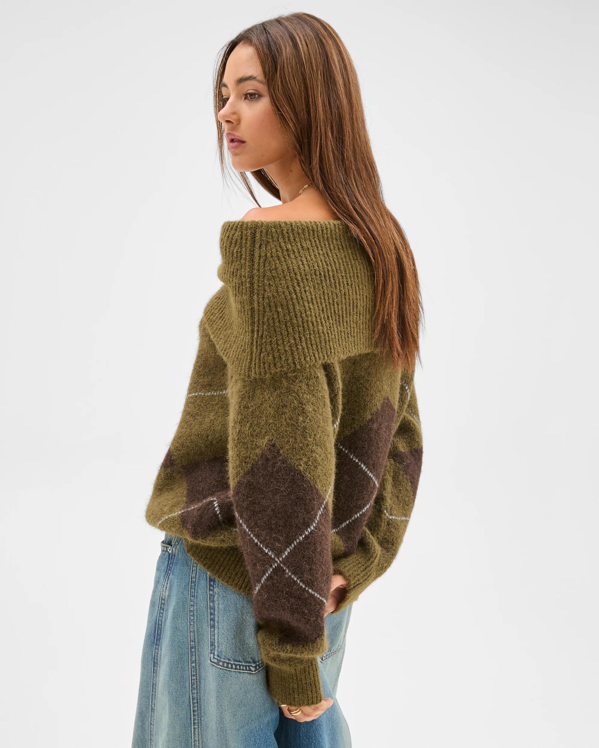 6 Lily Loves Fold Neck Argyle Jumper DEEP MOSS, 6 of 6