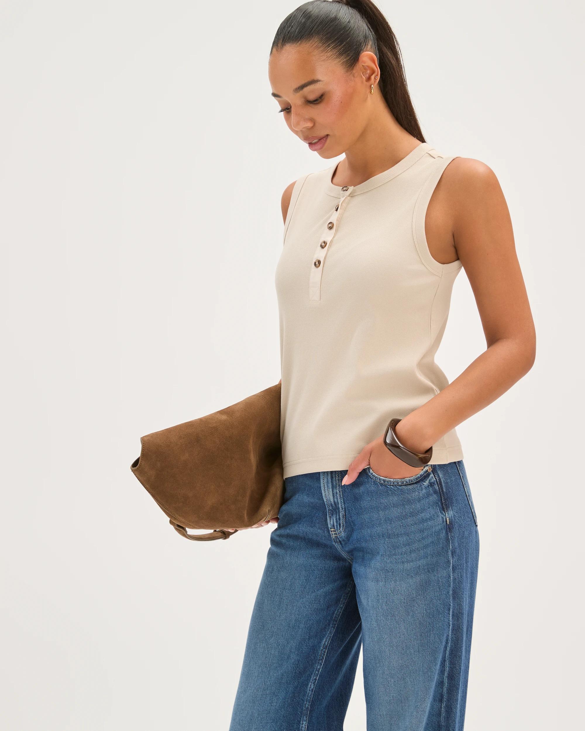 3 Target Woman Australian Cotton Henley Neck Rib Tank Top PUMICE, 3 of 7