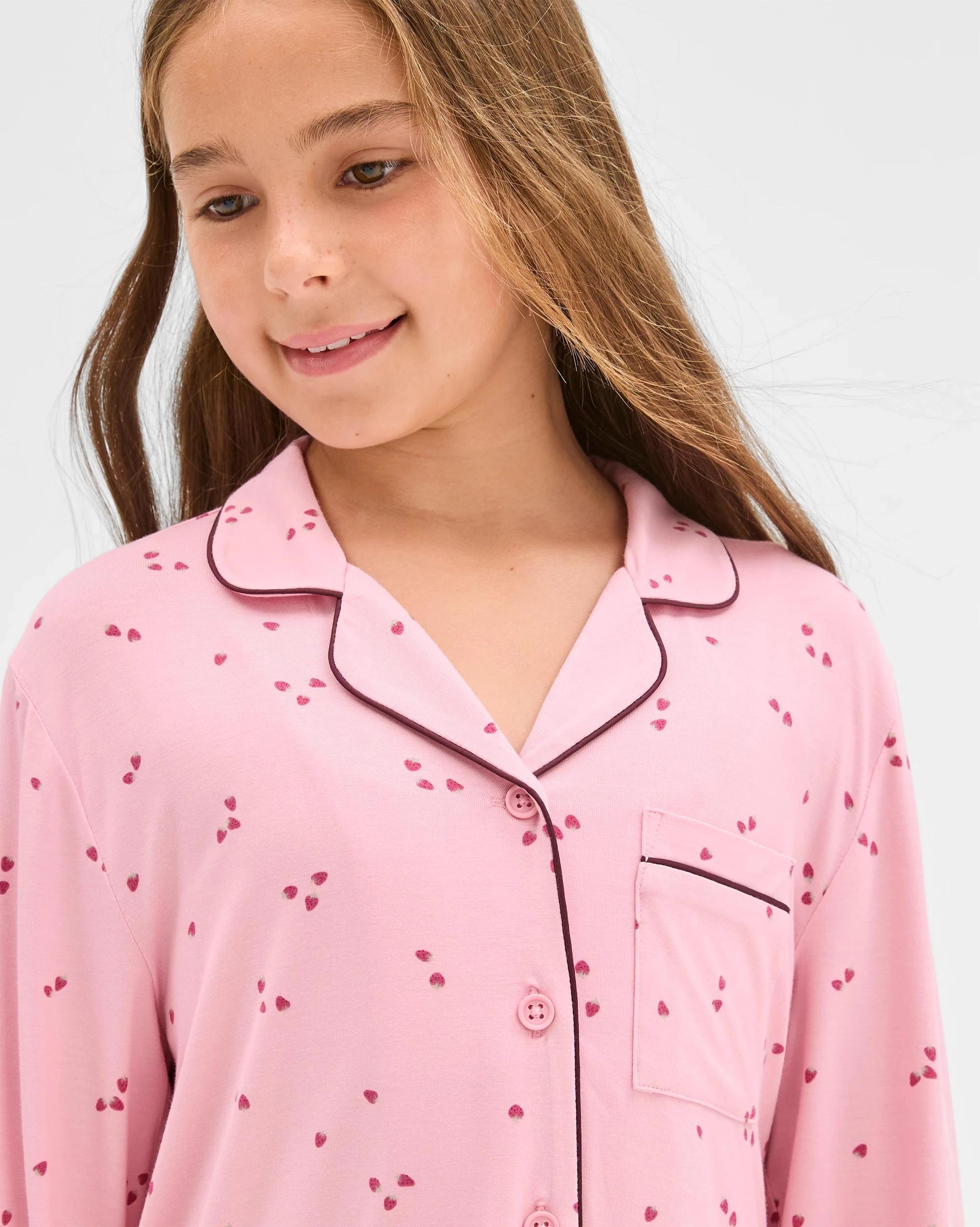3 Target Kids Bamboo Older Girls Button Through Pyjama Set PINK STRAWBERRY, 3 of 9