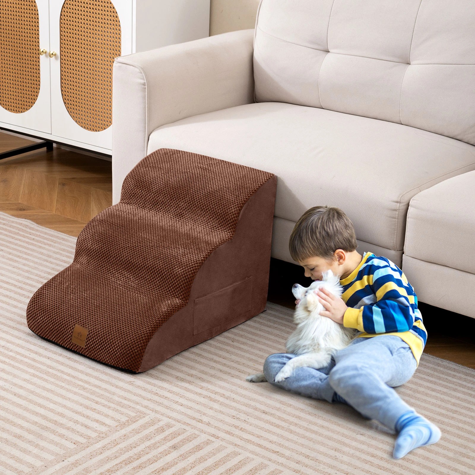 3 Costway 3-Tier Foam Dog Ramp Pet Stairs Steps w/Pet Hair Remover - Brown, 3 of 4