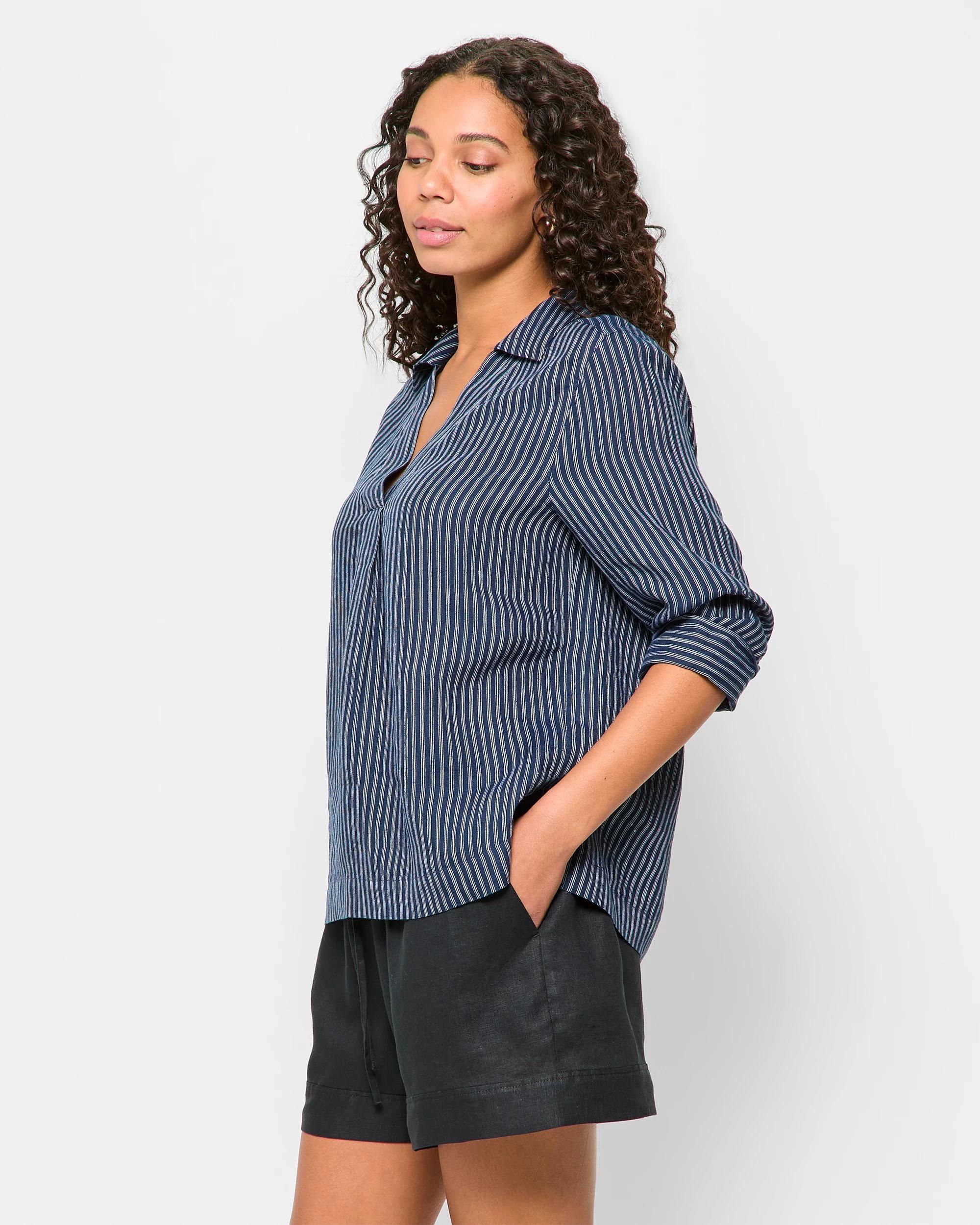 3 Target Woman European Linen 3/4 Sleeve Popover Shirt NAVY PINSTRIPE, 3 of 5
