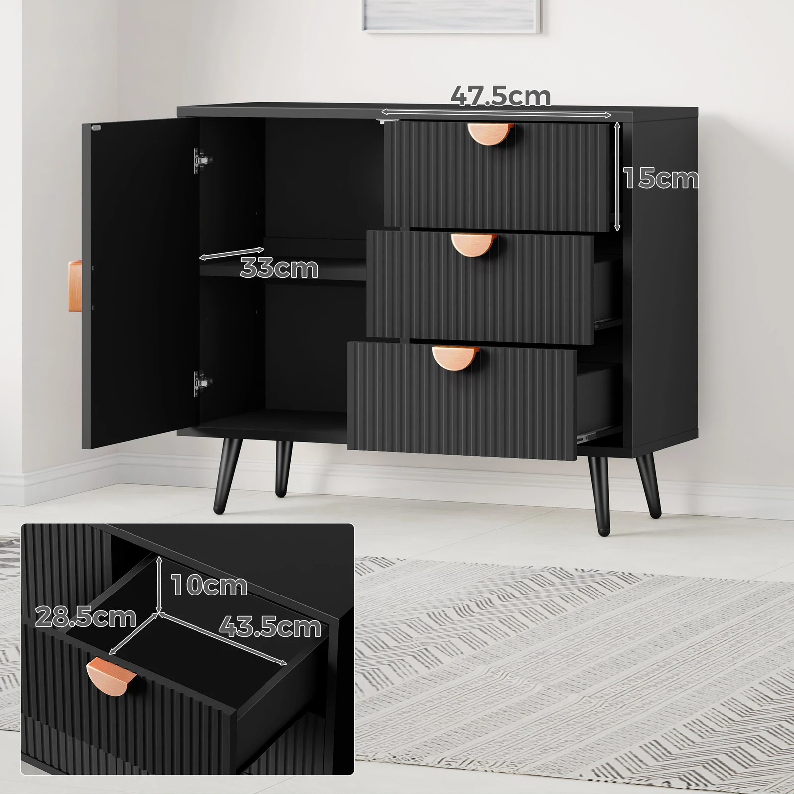 10 Alfordson Buffet Sideboard Cabinet Storage Cupboard Kitchen Doors Drawers - Black, 10 of 10