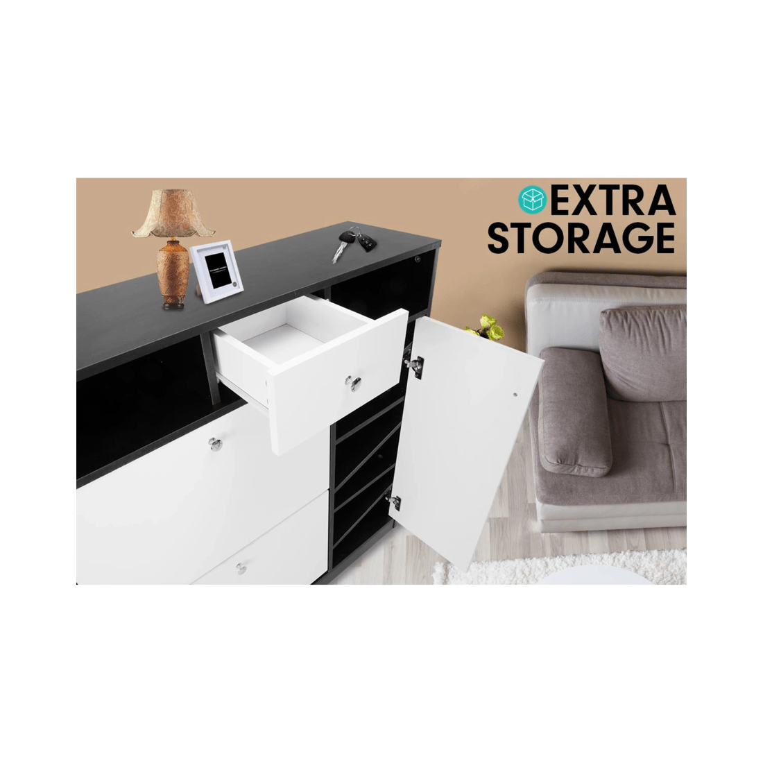 5 Sarantino Shoe Rack Cabinet Wooden Storage Organiser Shelf Cupboard Drawer, 5 of 7