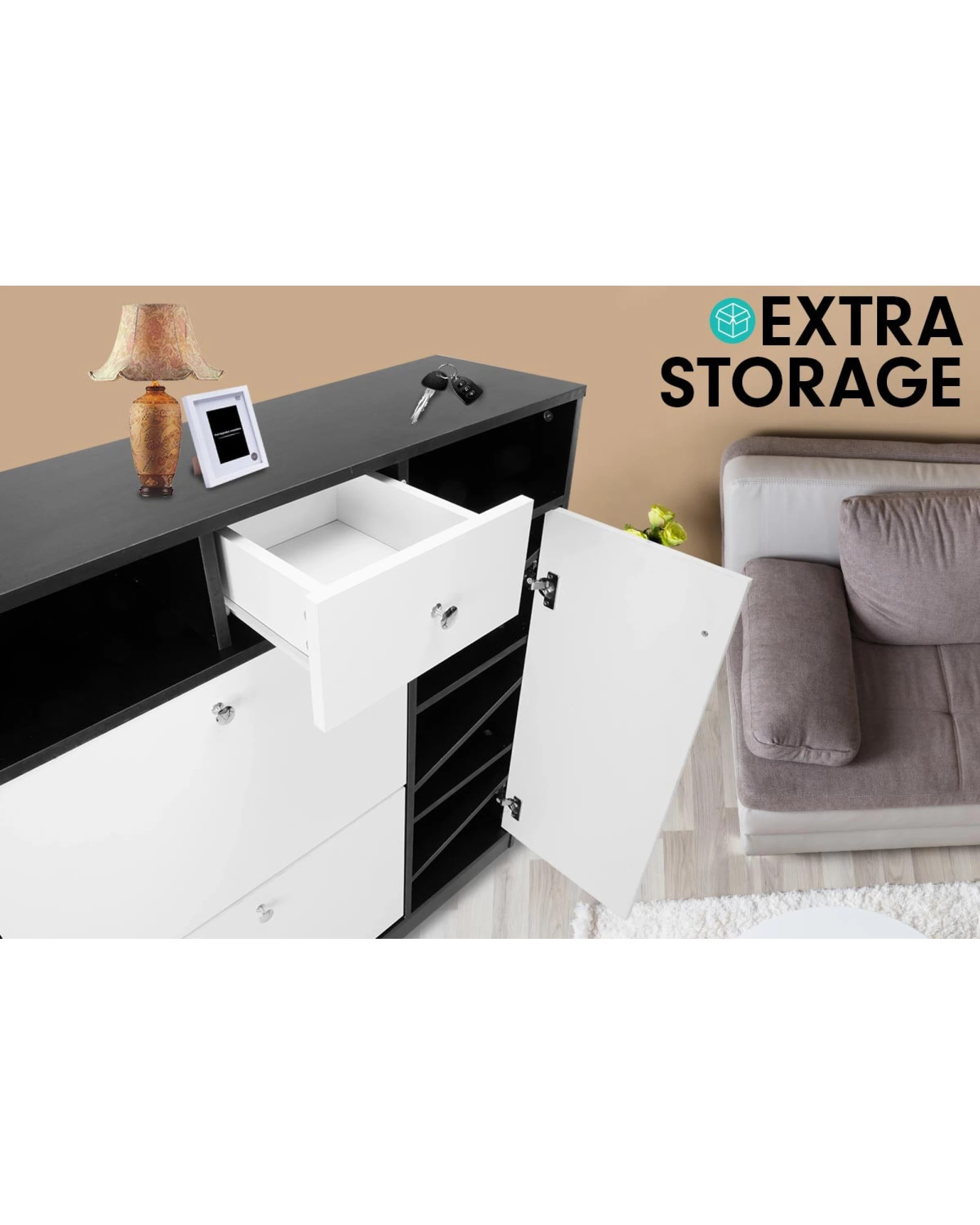 5 Sarantino Shoe Rack Cabinet Wooden Storage Organiser Shelf Cupboard Drawer, 5 of 7