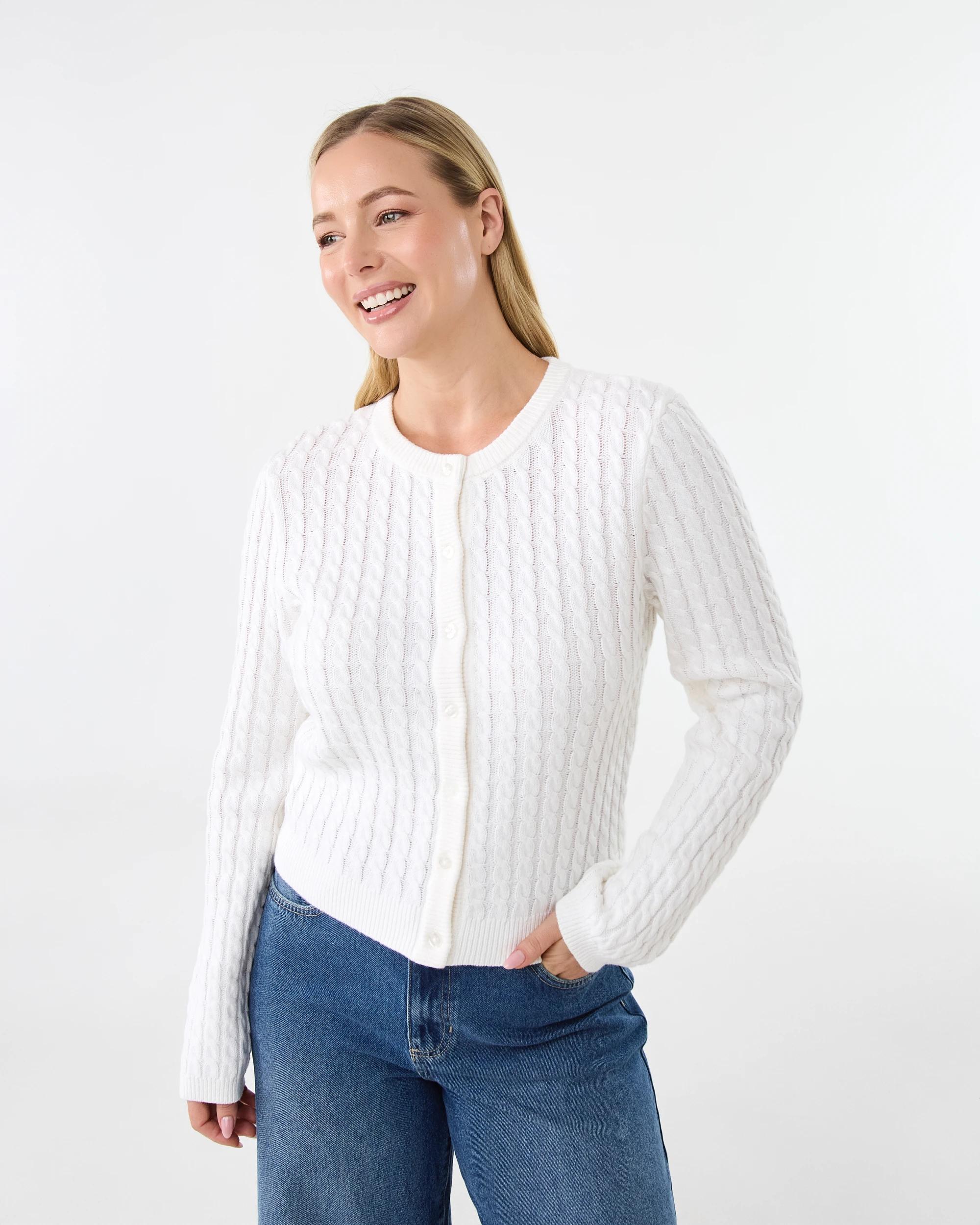 1 Long Sleeve Lightweight Cable Cardigan Cld White, 1 of 7