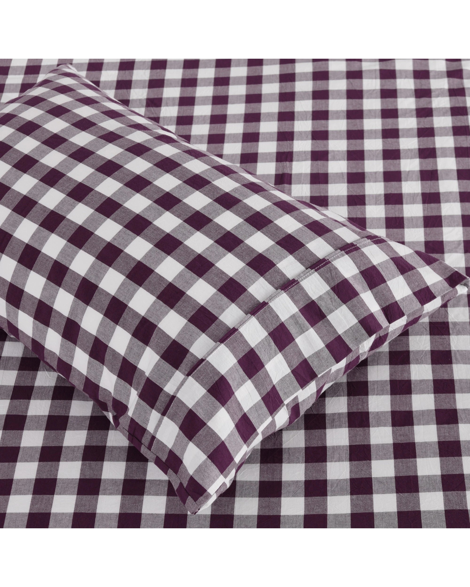 3 Dreamaker Lola Yarn Dyed Washed Cotton Gingham Sheet Set - Super King Bed - Plum, 3 of 7