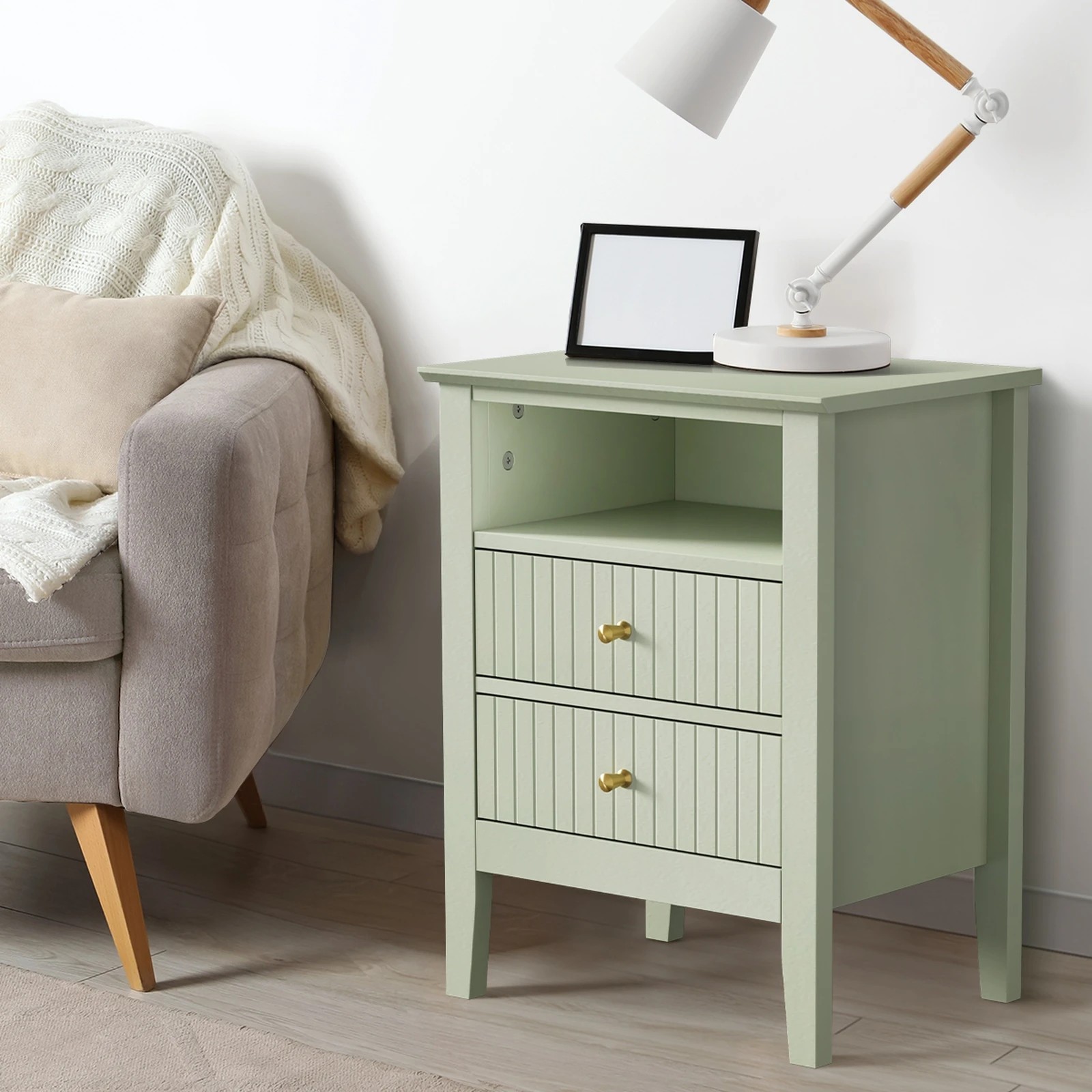 3 Oikiture Bedside Table Nightstand 2 Drawer with Shelf Storage Cabinet - Green, 3 of 9