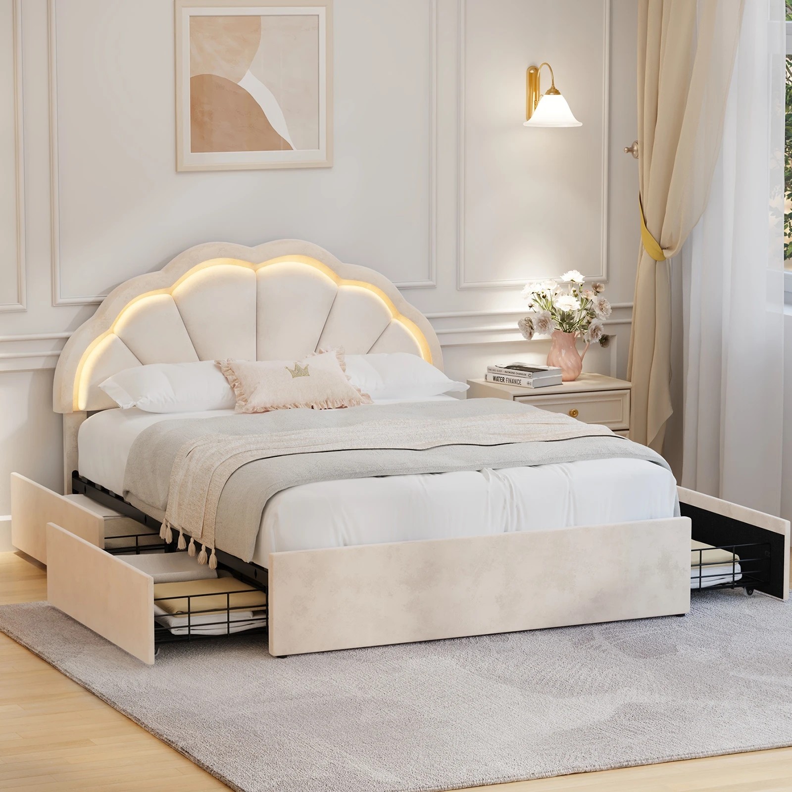 3 Oikiture Double Size Bed Frame LED Shell Headboard with Drawers - Beige, 3 of 6