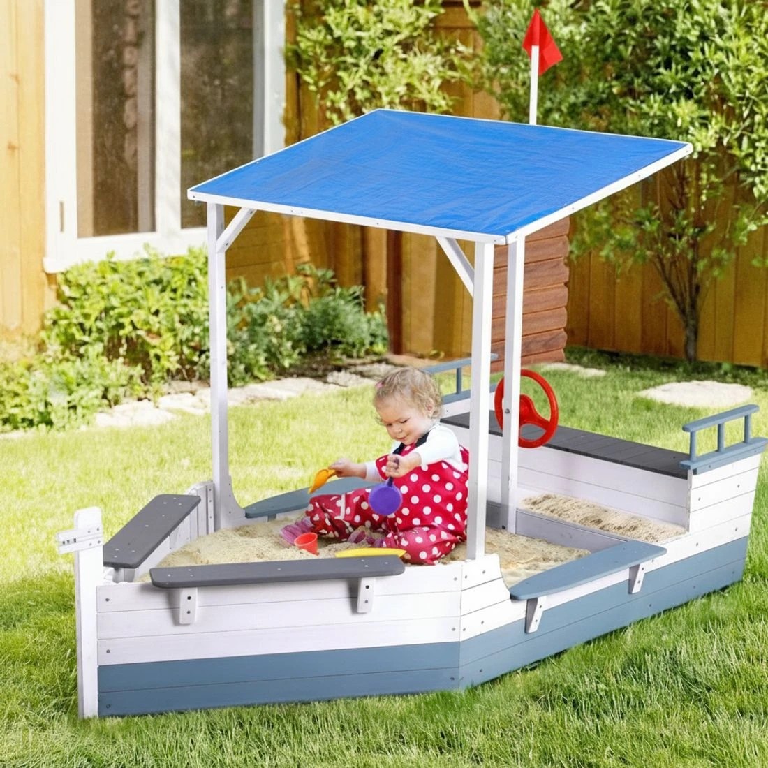4 Keezi Kids Sandpit Wooden Box Boat Canopy Flag Outdoor Toys Children - Multi, 4 of 4