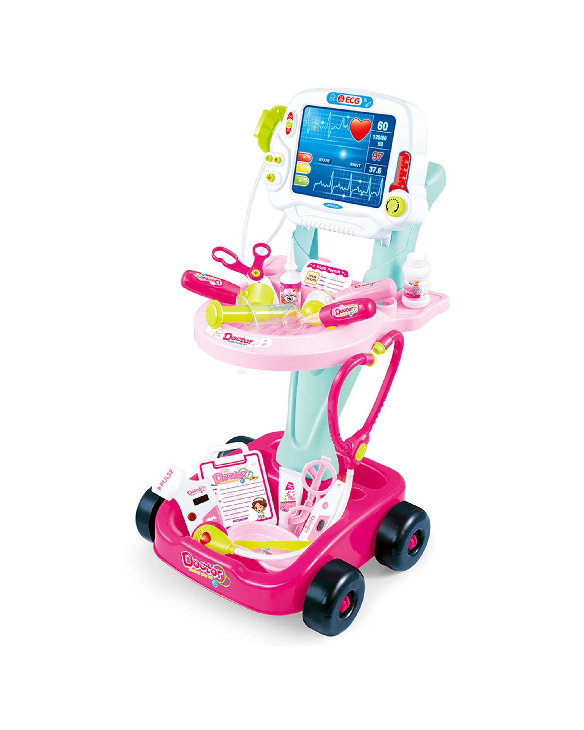 1 Lenoxx Medical Cart With Lights Sounds 17 Accessories Portable Kids Toy 58cm - Pink, 1 of 5