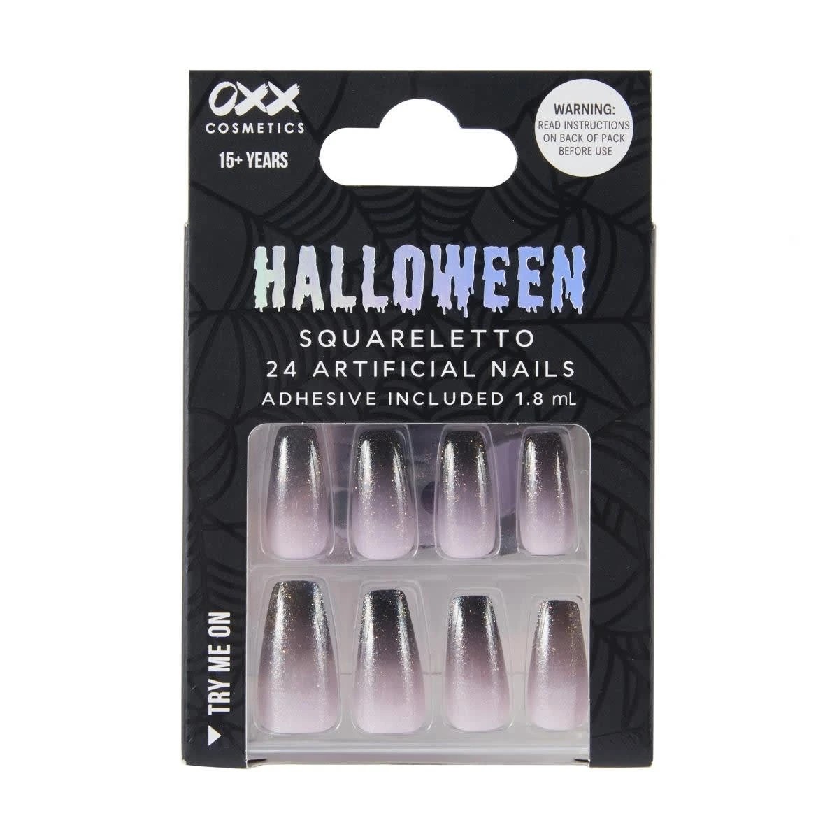 1 OXX Cosmetics Halloween 24 Pack Artificial Nails with Adhesive - Squareletto Shape, Smokey Glitter, 1 of 4