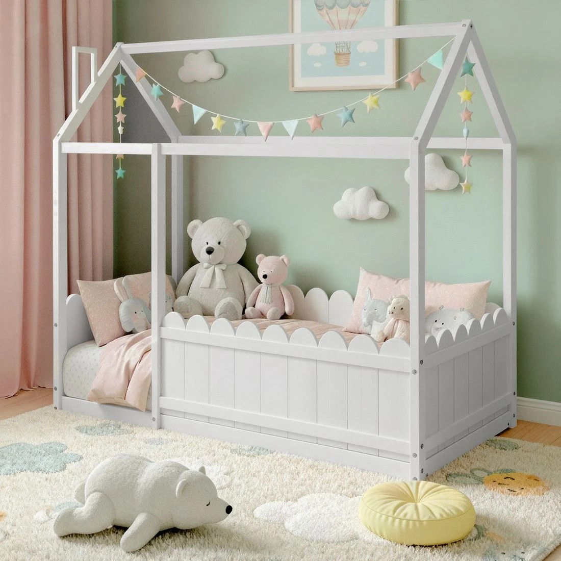 3 Artiss Bed Frame Wooden Kids House Single Frame
 - white, 3 of 7