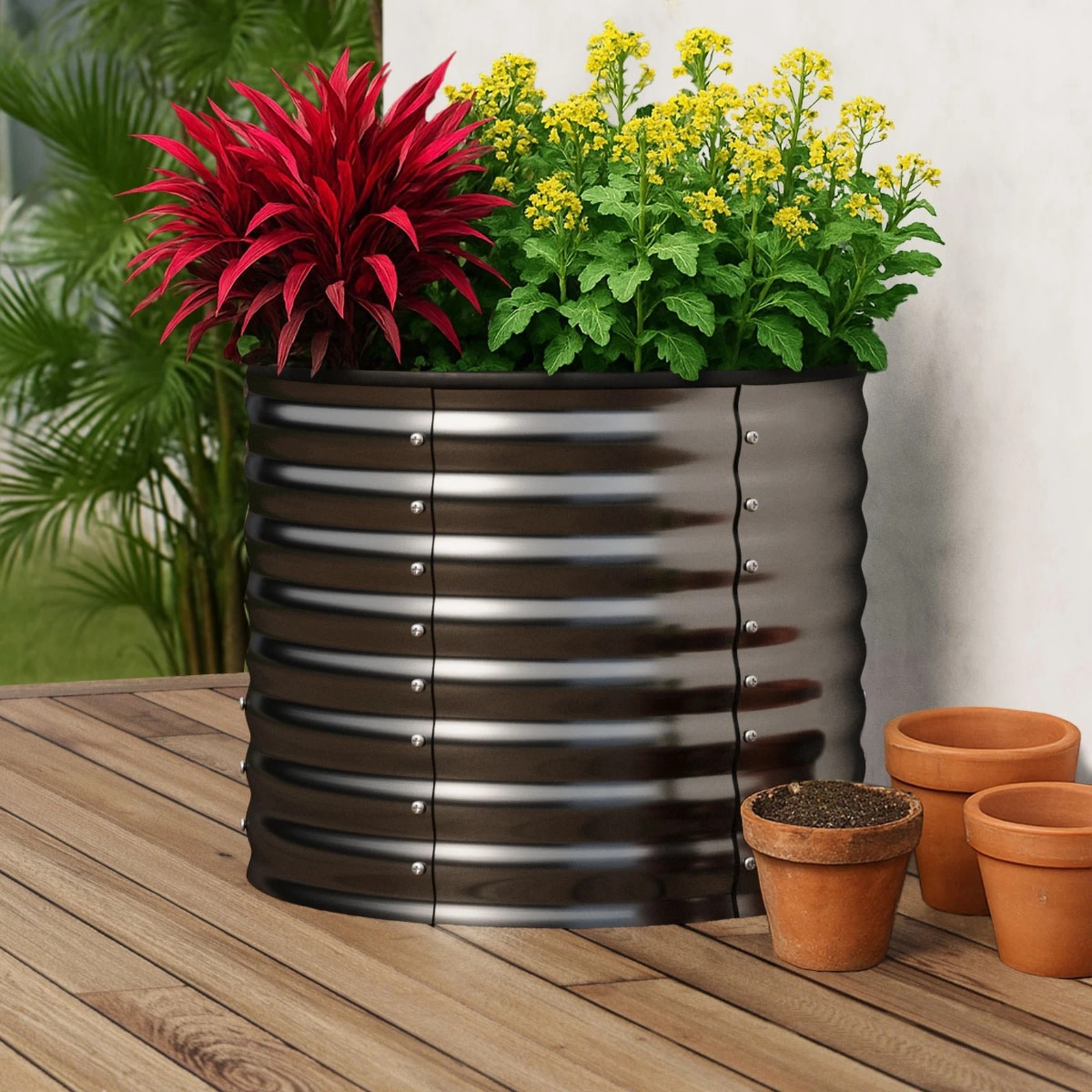 4 Livsip Garden Bed 80x68cm Galvanised Steel Raised Container Planter Box Round - Grey, 4 of 8