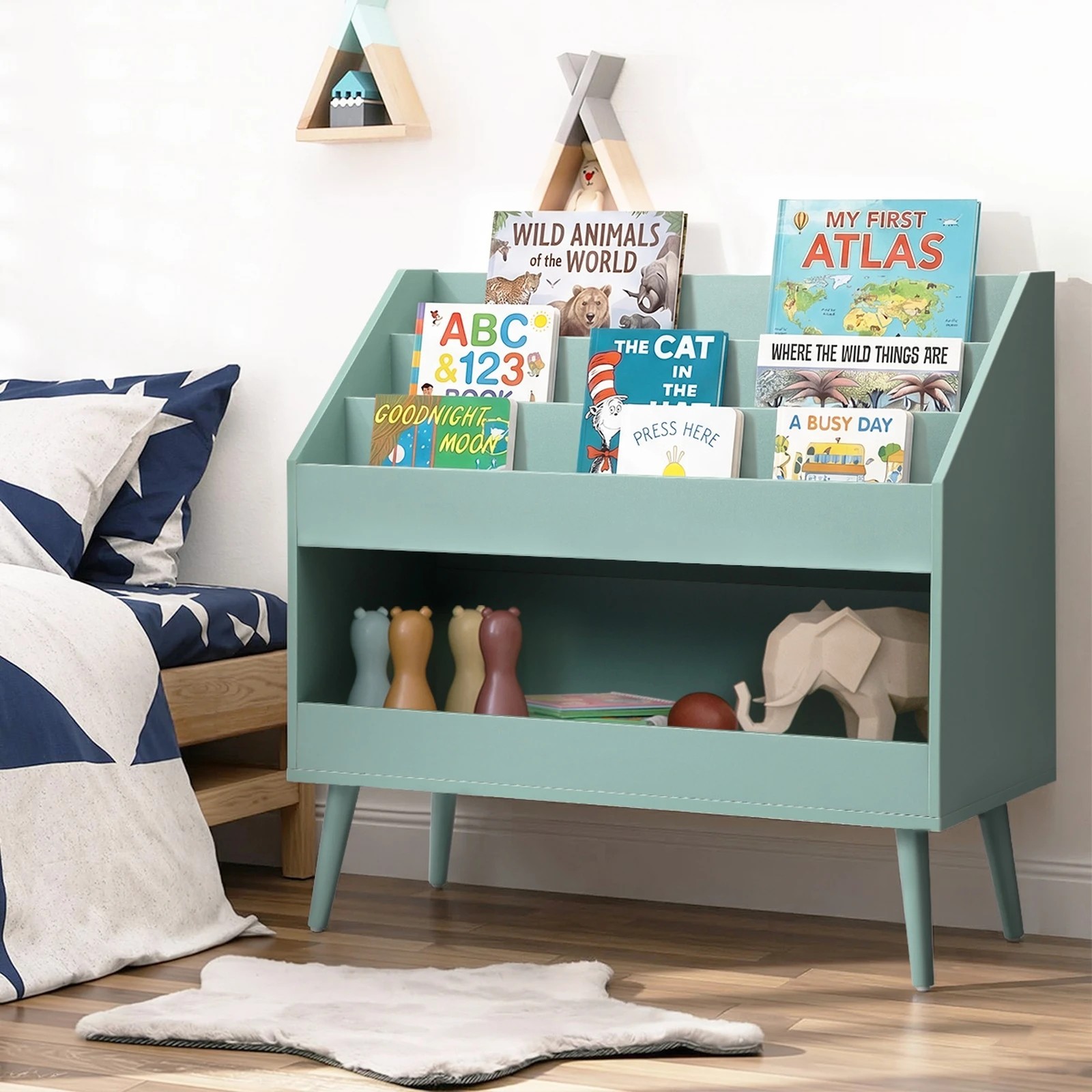 4 Oikiture Kids Bookshelf Children Bookcase Organiser Toy Storage Shelf - Green, 4 of 8
