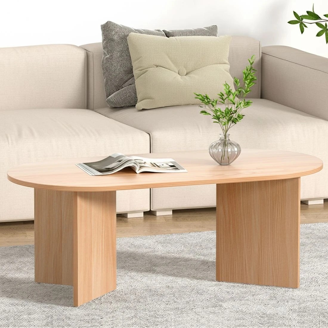 6 Artiss Coffee Table Oval 110CM Pine Alva - Natural, 6 of 6