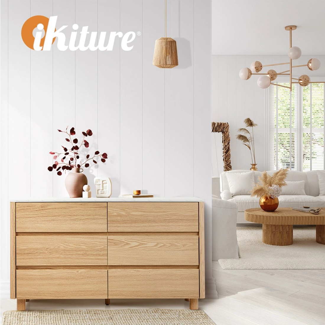 5 Oikiture 6 Chest Of Drawers Dresser Lowboy Storage Cabinet Faux Marble Top
 - Natural, 5 of 10