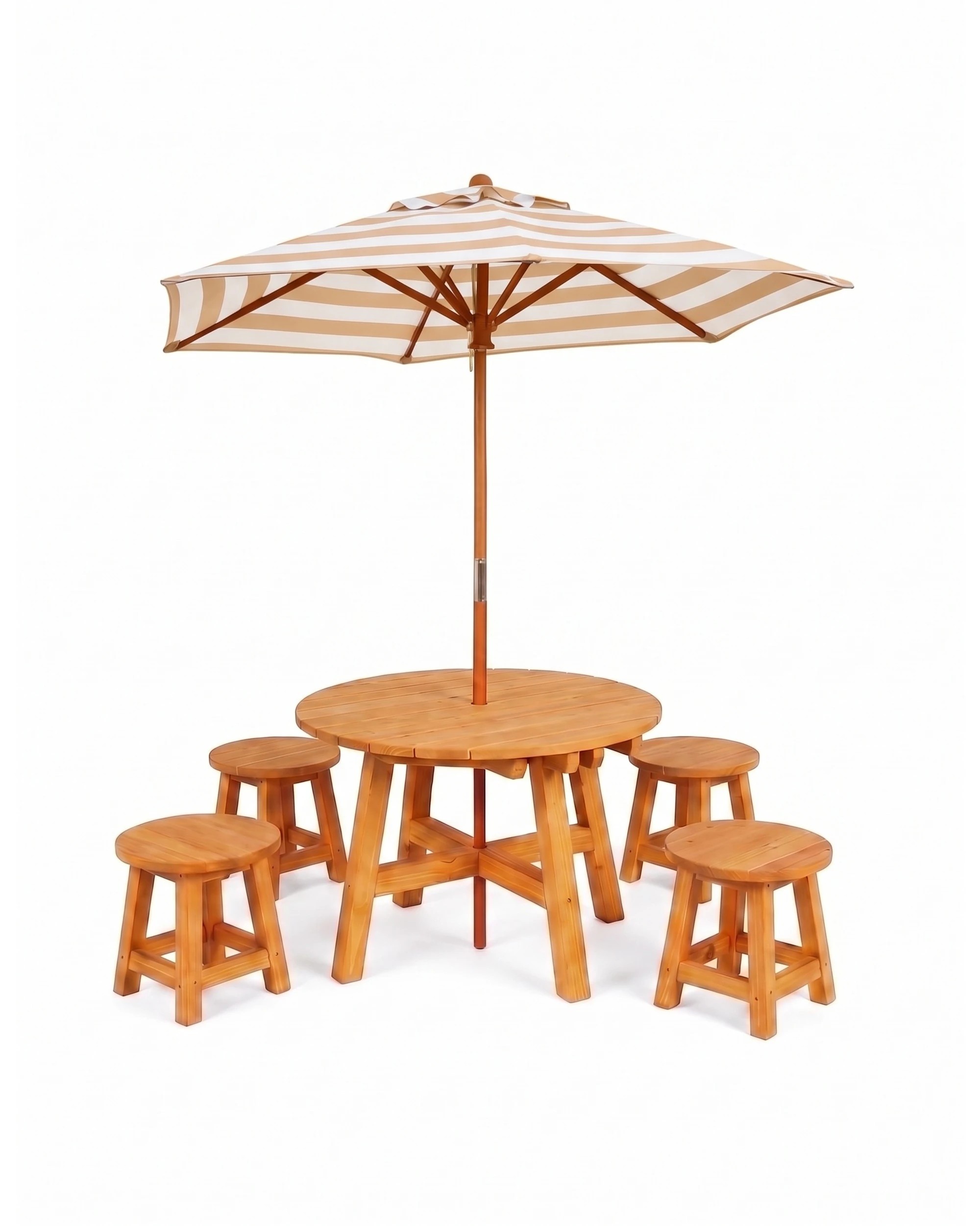 1 Hide & Seek Kids Round Picnic Table with Umbrella & Stools - & White - Brown, 1 of 2