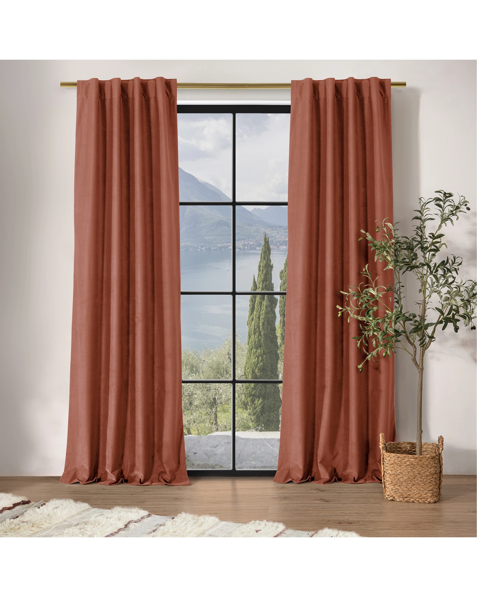 1 Cadence & Co. Byron Matte Velvet 100% Blockout Concealed Tab Top Curtain Twin Pack 225x223cm - Rust, 1 of 6